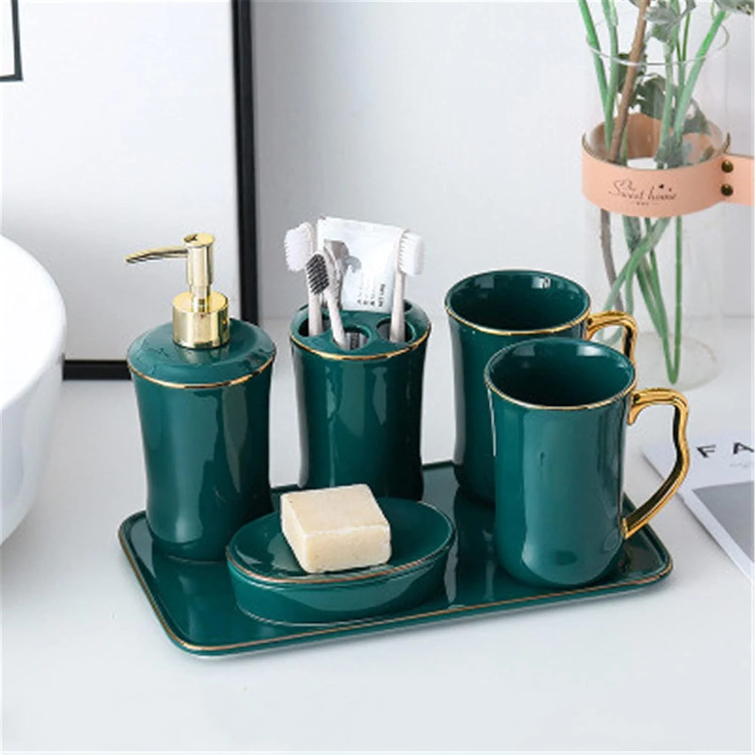 ست سرامیکی لوازم حمام BaiBnn، ست هفت تکه ساده به سبک اروپایی، ست لوازم بهداشتی سرامیکی خلاقانه برای منزل و هتل (رنگ: استایل F، سایز: تک سایز)