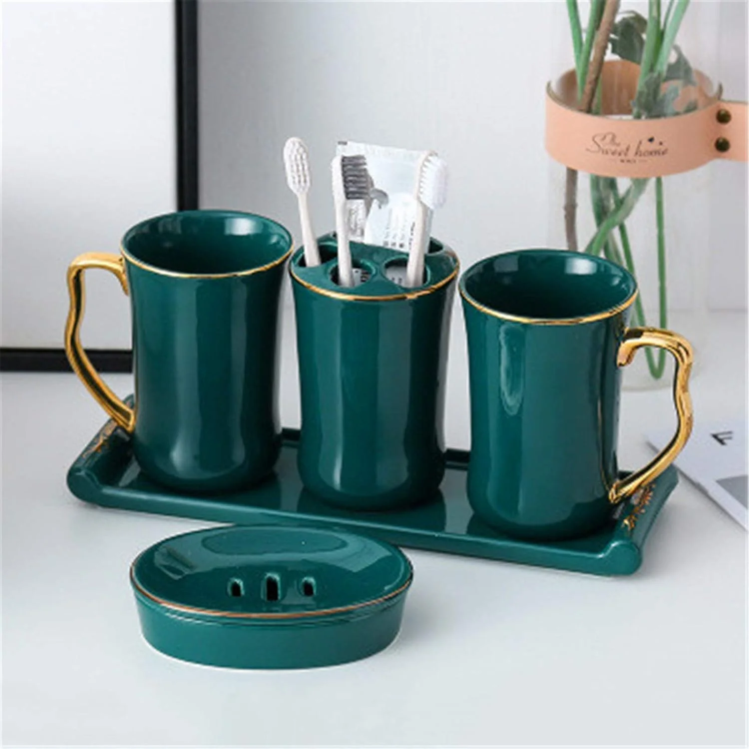 ست سرامیکی لوازم حمام BaiBnn، ست هفت تکه ساده به سبک اروپایی، ست لوازم بهداشتی سرامیکی خلاقانه برای منزل و هتل (رنگ: استایل D، سایز: تک سایز)