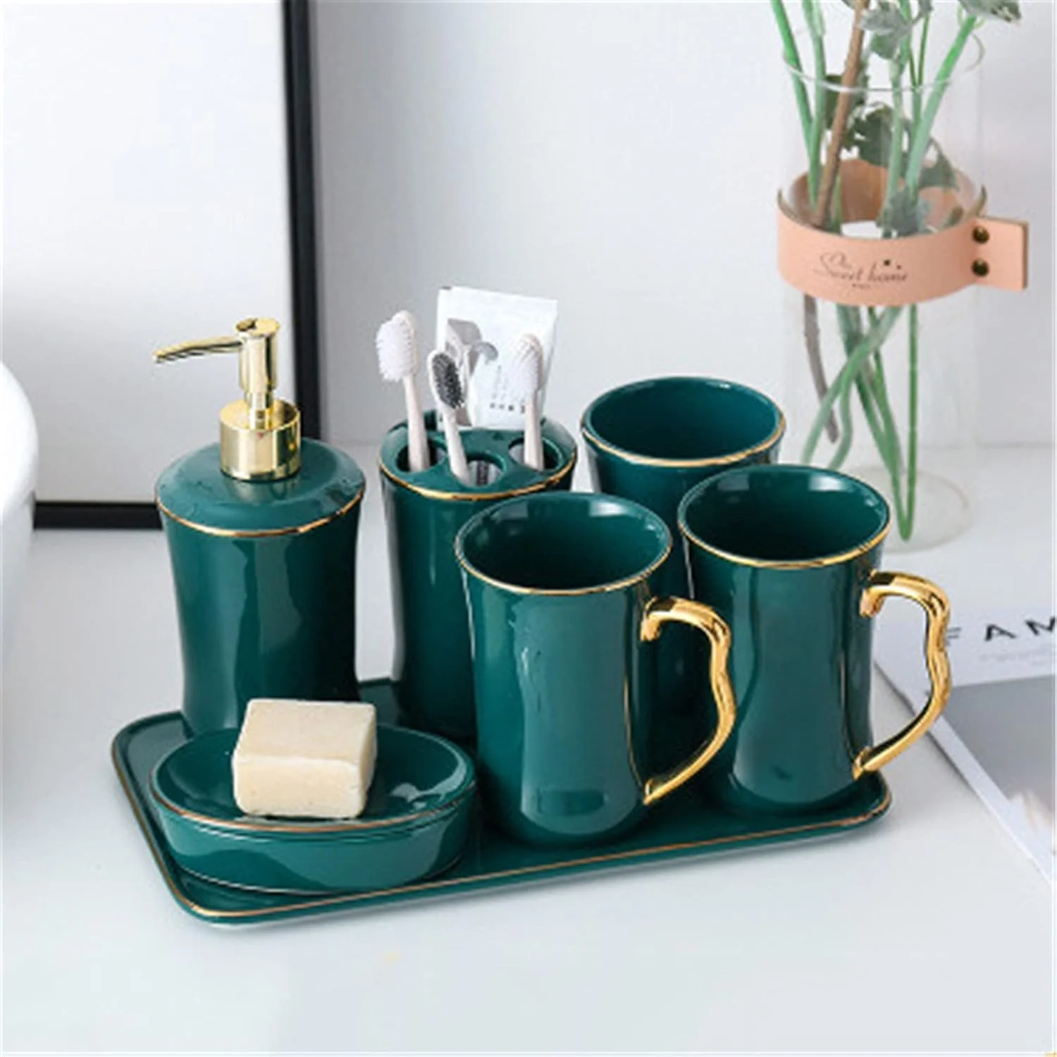 ست سرامیکی لوازم حمام، ست هفت تکه ساده به سبک اروپایی، لوازم بهداشتی سرامیکی خلاقانه برای منزل و هتل (رنگ: استایل H، سایز: تک سایز)