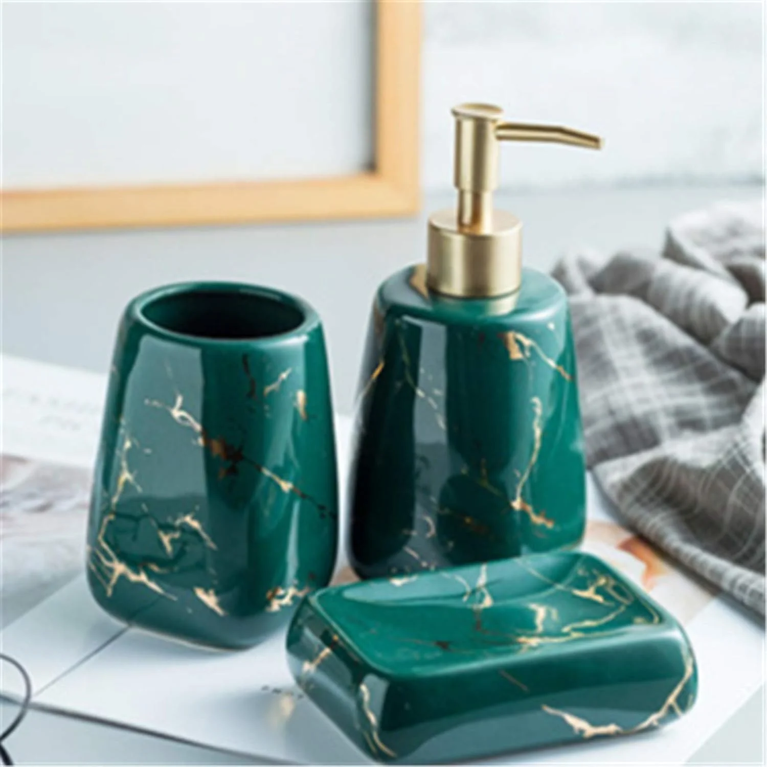 ست سرامیکی لوازم بهداشتی حمام، مناسب خانه و هتل، طرح مرمر نوردیک، نوع ایستاده (رنگ: سبز تیره C، سایز: تک سایز)