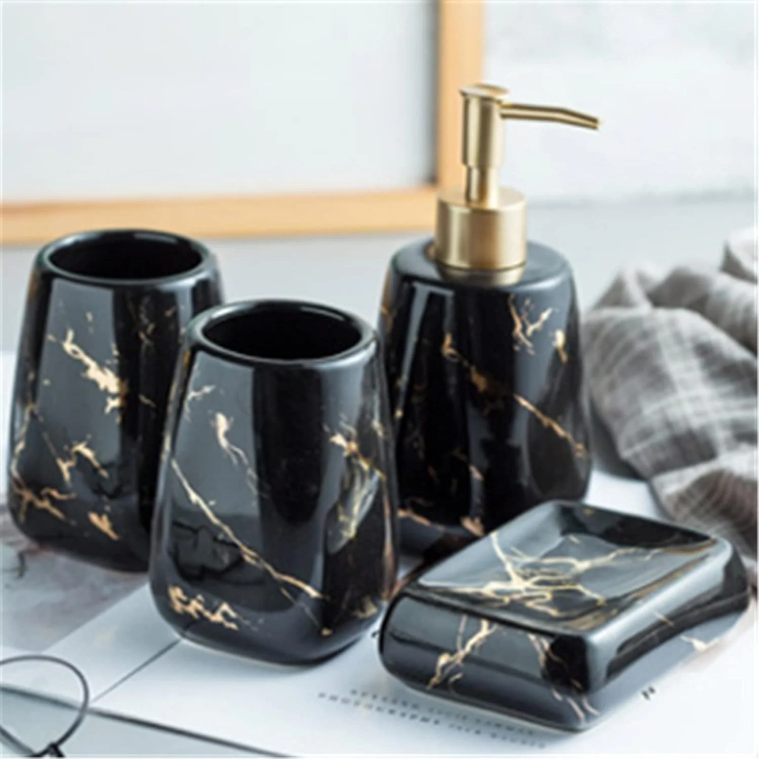 ست سرامیکی لوازم بهداشتی حمام BaiBnn، مناسب خانه و هتل، طرح مرمر نوردیک (رنگ: مشکی براق B، سایز: تک سایز)