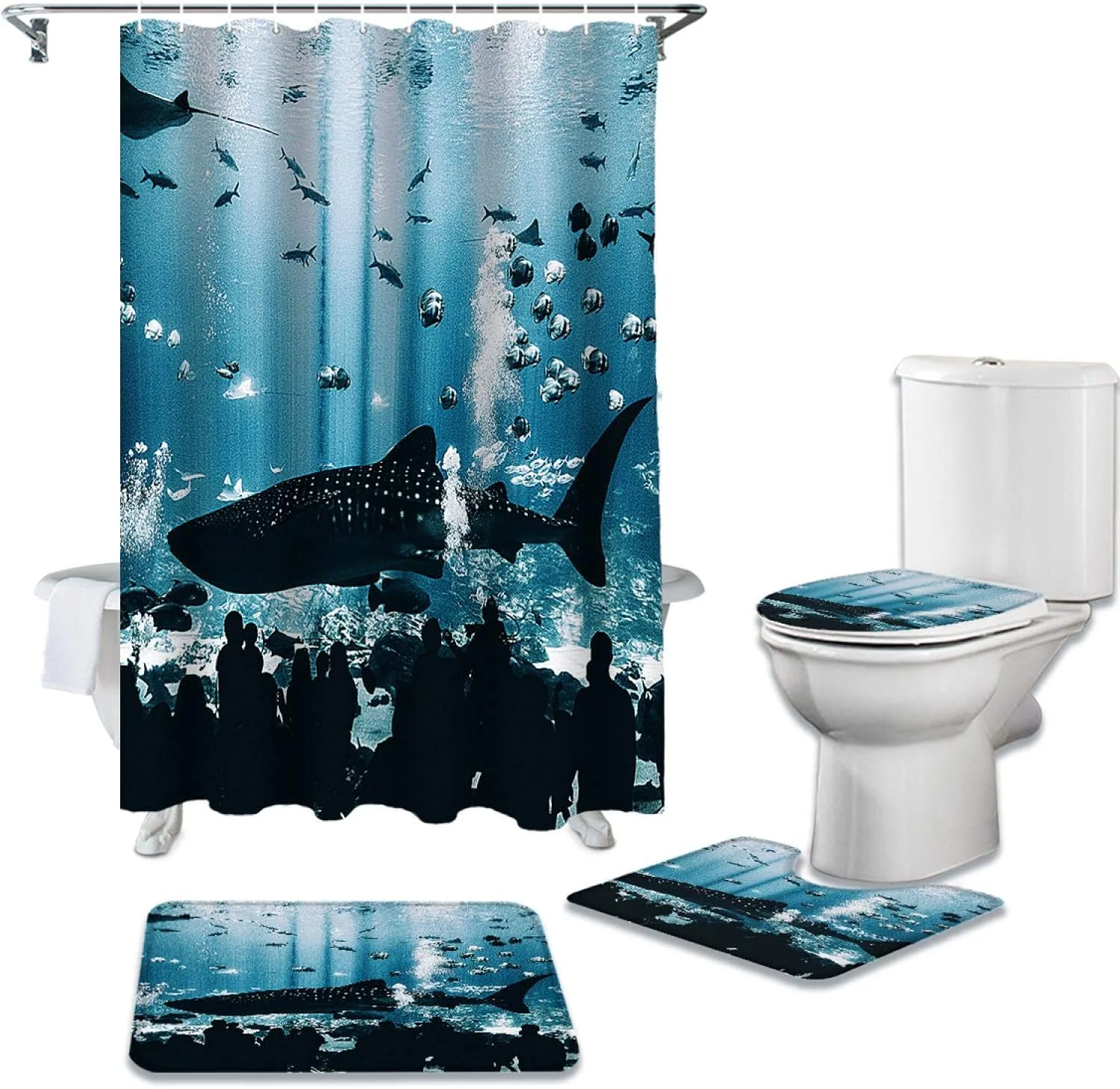 ست پرده حمام ضد آب با طرح کوسه اقیانوسی، فرش حمام، روکش صندلی توالت و پادری ست پرده حمام ضد آب با طرح کوسه اقیانوسی، فرش حمام، روکش صندلی توالت و پادری