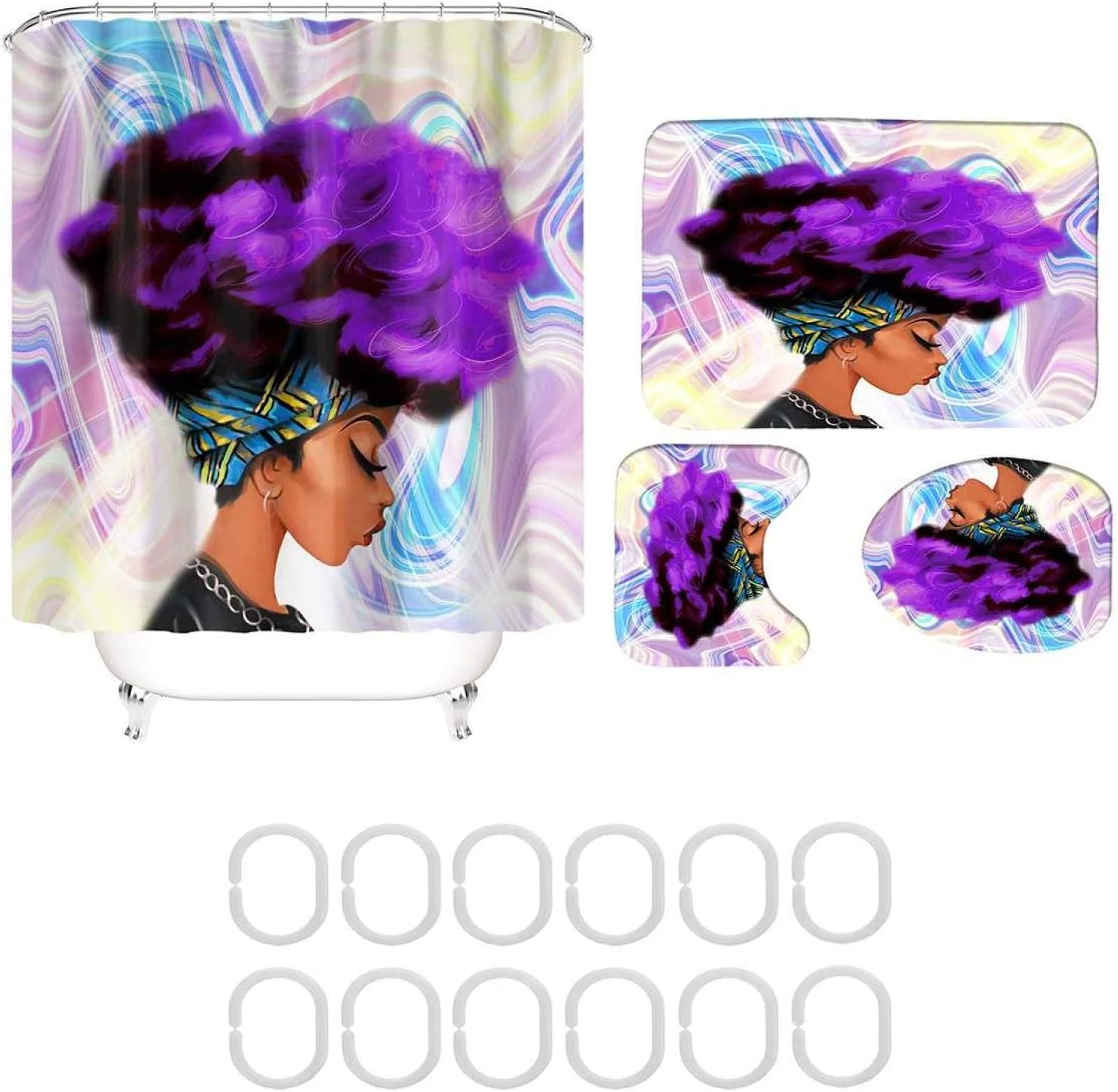 ست حمام ضد آب BANLV شامل پرده حمام، زیرانداز ضد لغزش، فرش حمام، روکش صندلی توالت، و پادری