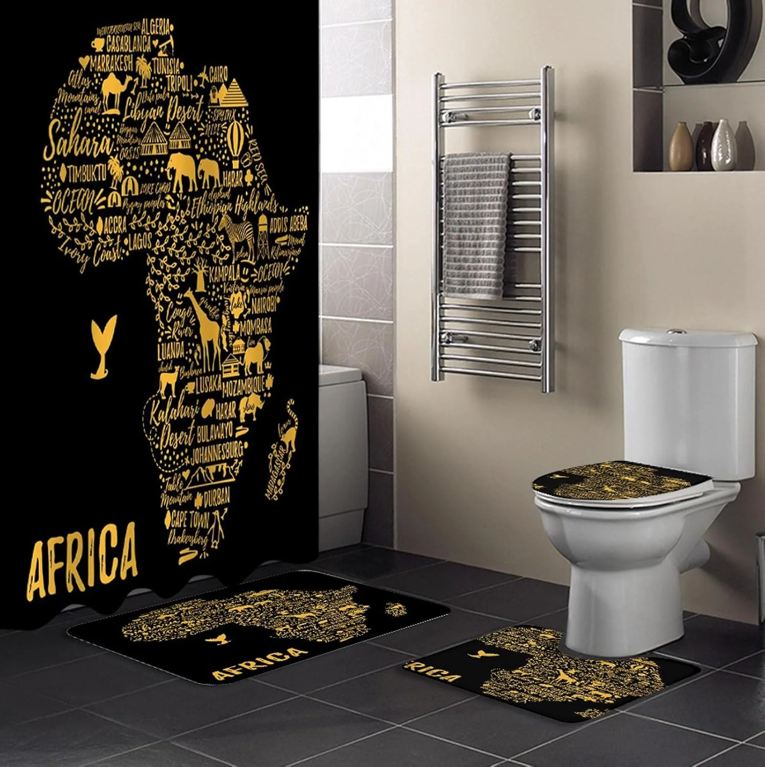 ست پرده حمام ضد آب و بادوام با طرح نقشه آفریقا و حیوانات، فرش و پادری حمام و روکش توالت
