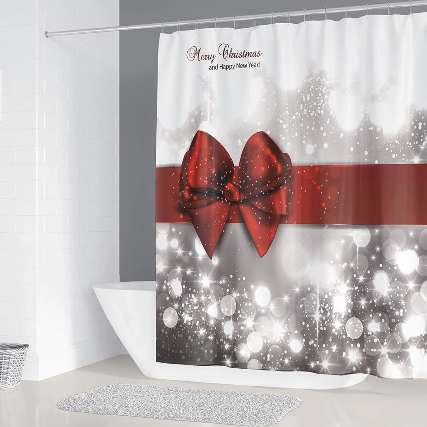 ست لوازم حمام سال نو مبارک BANLV شامل پرده حمام با طرح زنگوله و روبان، فرش پادری ضد لغزش، روکش درب توالت و زیرانداز حمام