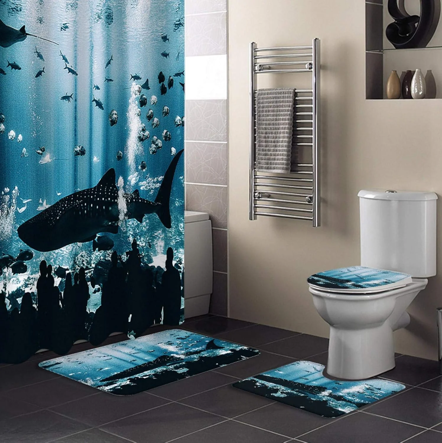 ست پرده حمام ضد آب با طرح کوسه اقیانوسی، فرش حمام، روکش صندلی توالت و پادری