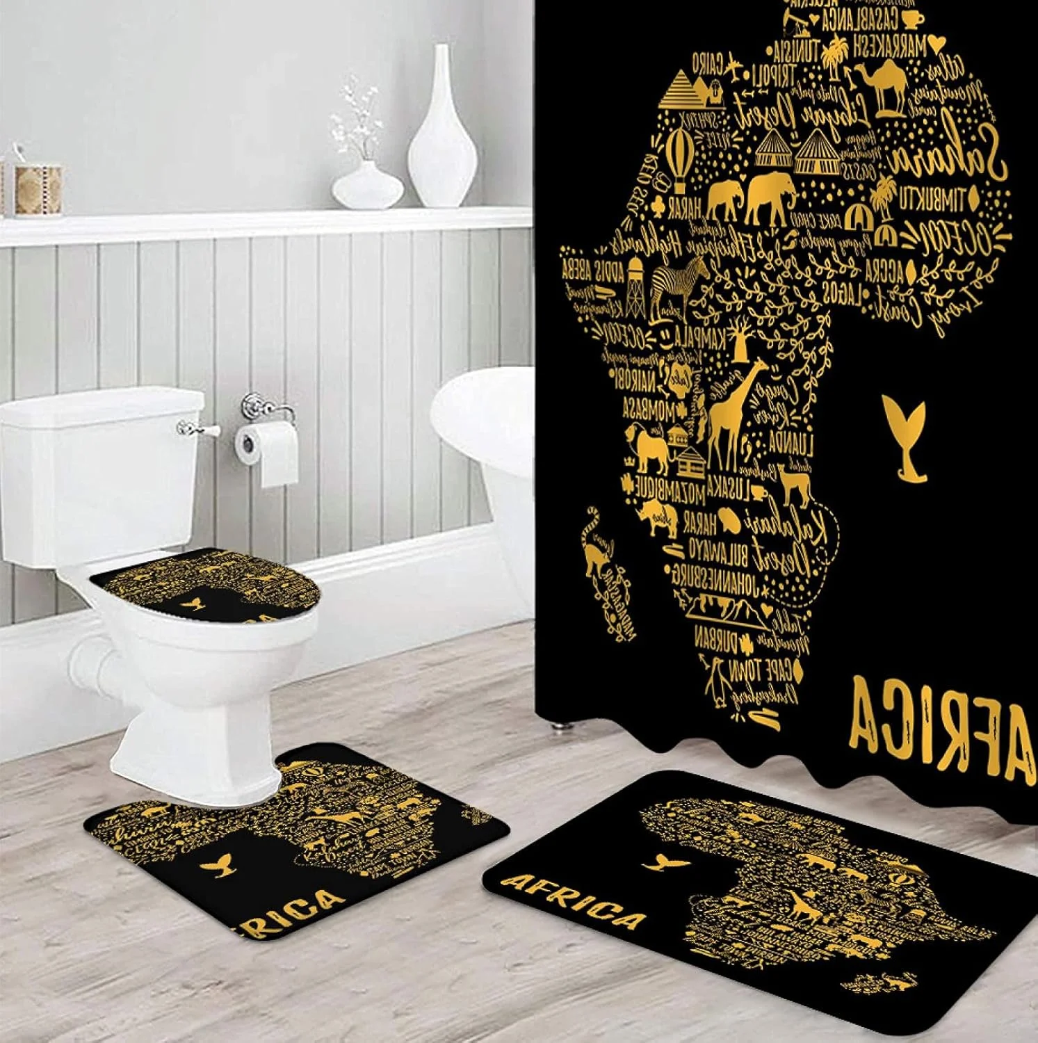 ست پرده حمام ضد آب و بادوام با طرح نقشه آفریقا و حیوانات، فرش و پادری حمام و روکش توالت