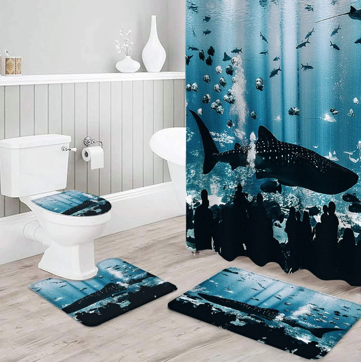 ست پرده حمام ضد آب با طرح کوسه اقیانوسی، فرش حمام، روکش صندلی توالت و پادری