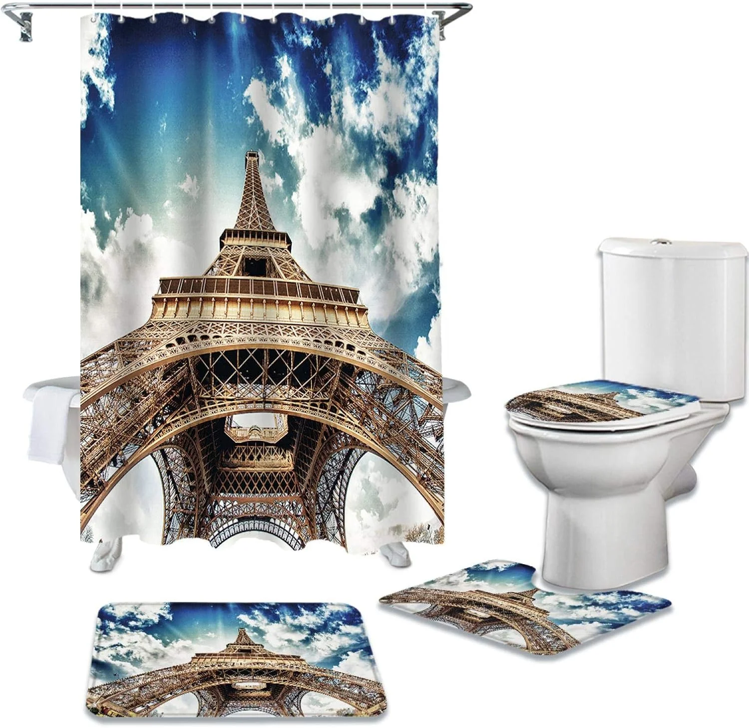 ست حمام طرح برج ایفل پاریس، شامل پرده حمام ضد آب با پارچه بادوام، فرش، روکش توالت و پادری ست حمام طرح برج ایفل پاریس، شامل پرده حمام ضد آب با پارچه بادوام، فرش، روکش توالت و پادری