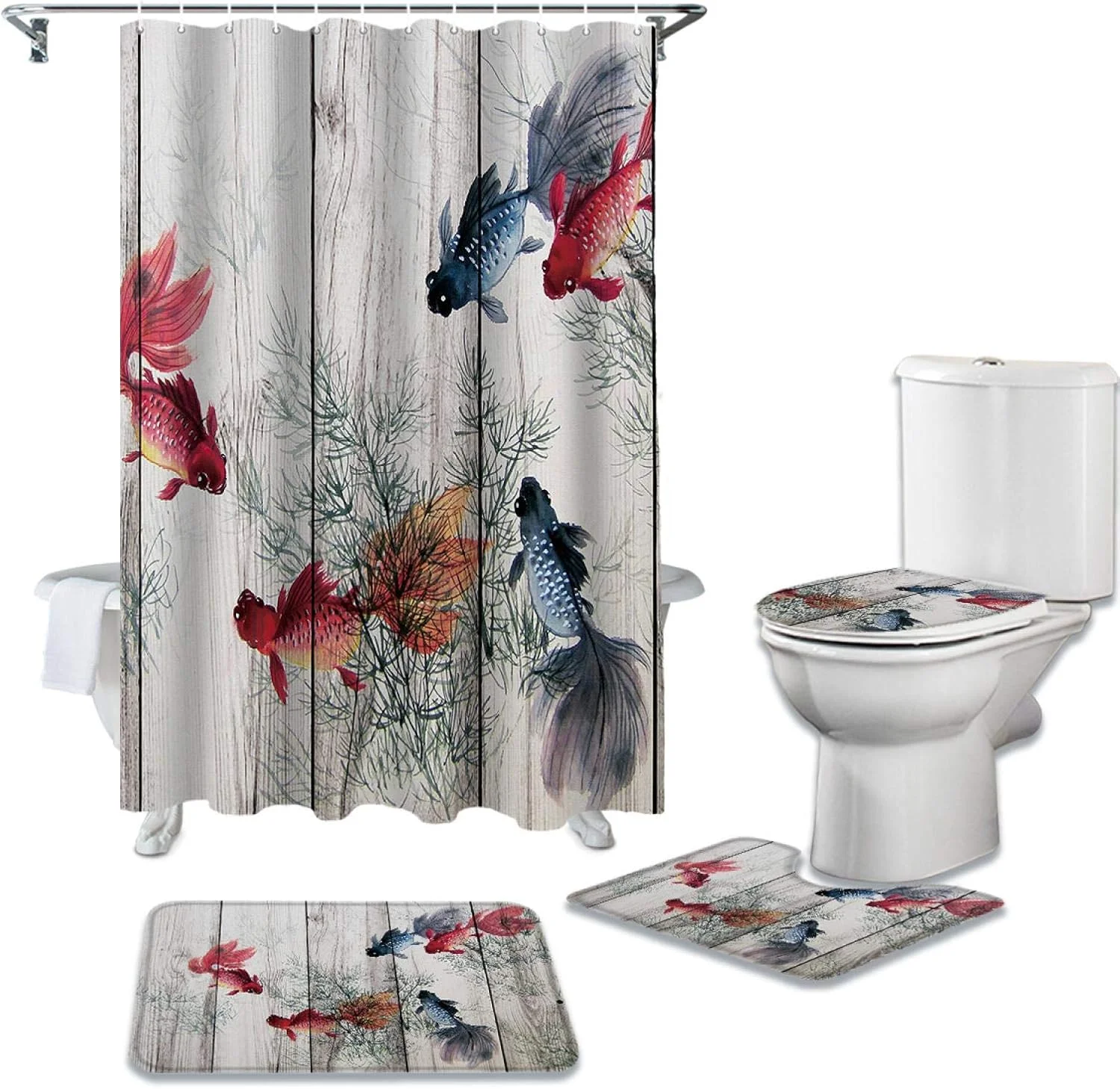 ست لوازم حمام با طرح چوب قدیمی شامل پرده حمام ضد آب، فرش، روکش توالت و پادری ست لوازم حمام با طرح چوب قدیمی شامل پرده حمام ضد آب، فرش، روکش توالت و پادری