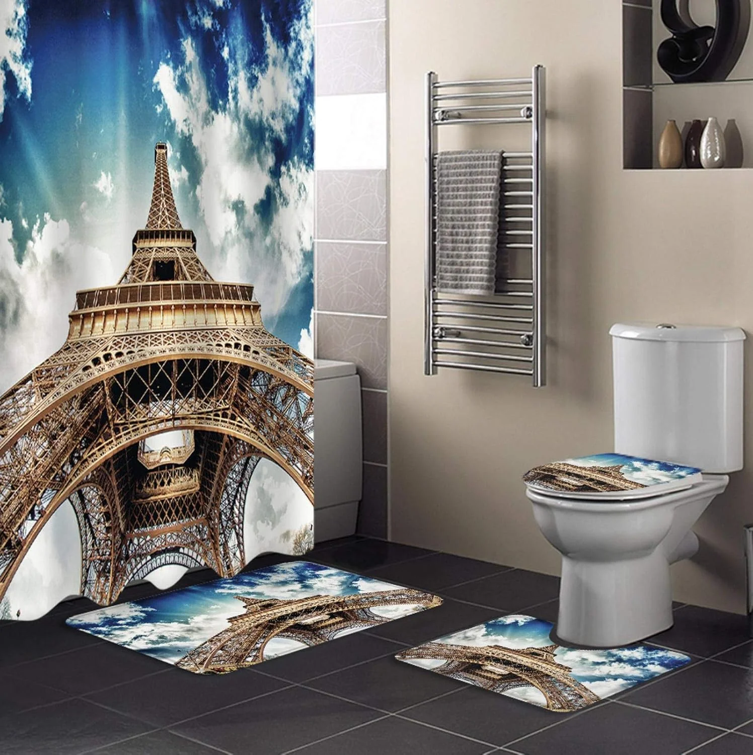 ست حمام طرح برج ایفل پاریس، شامل پرده حمام ضد آب با پارچه بادوام، فرش، روکش توالت و پادری