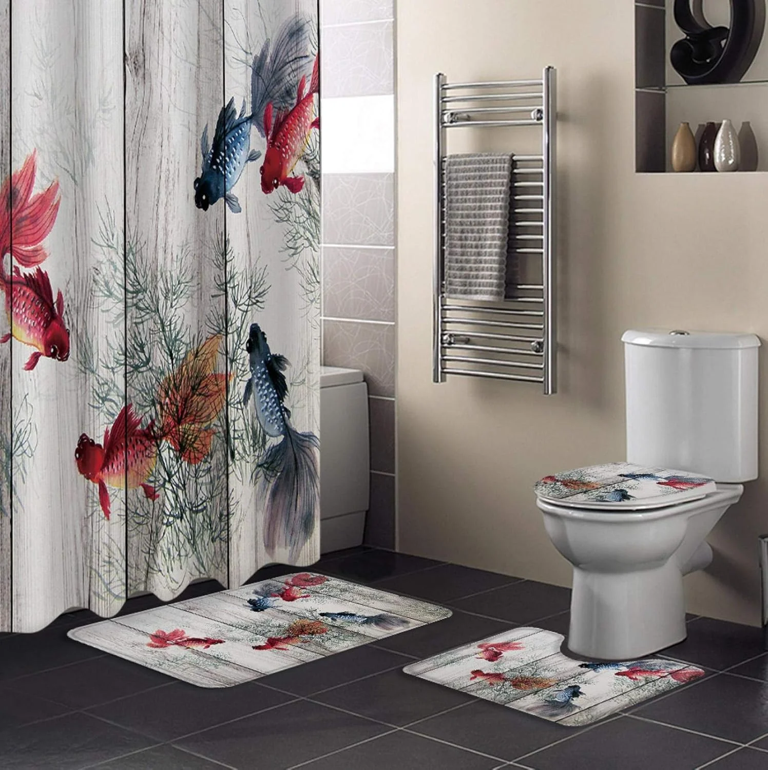 ست لوازم حمام با طرح چوب قدیمی شامل پرده حمام ضد آب، فرش، روکش توالت و پادری