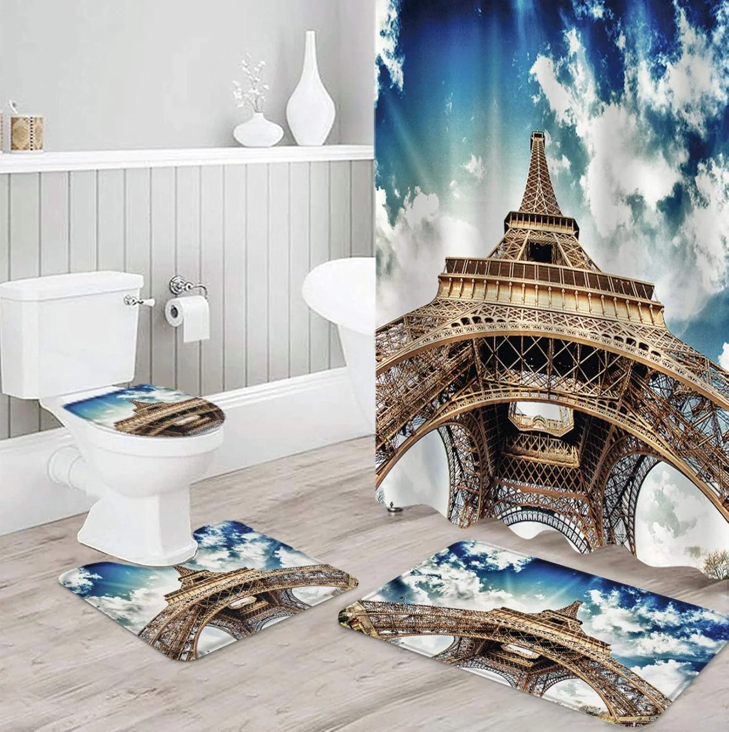 ست حمام طرح برج ایفل پاریس، شامل پرده حمام ضد آب با پارچه بادوام، فرش، روکش توالت و پادری