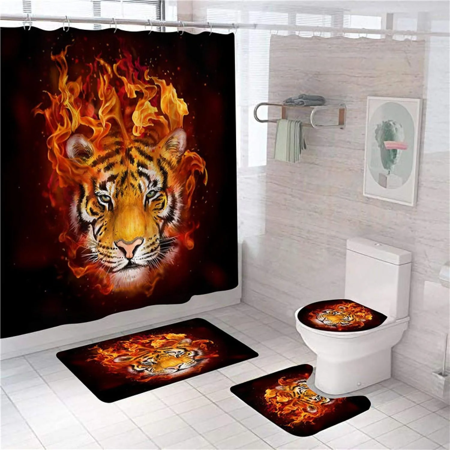 ست پرده حمام طرح حیوانات BANLV، پرده ضد آب، فرش ضد لغزش طرح شیر، مناسب دکوراسیون منزل، 4 تکه/ست