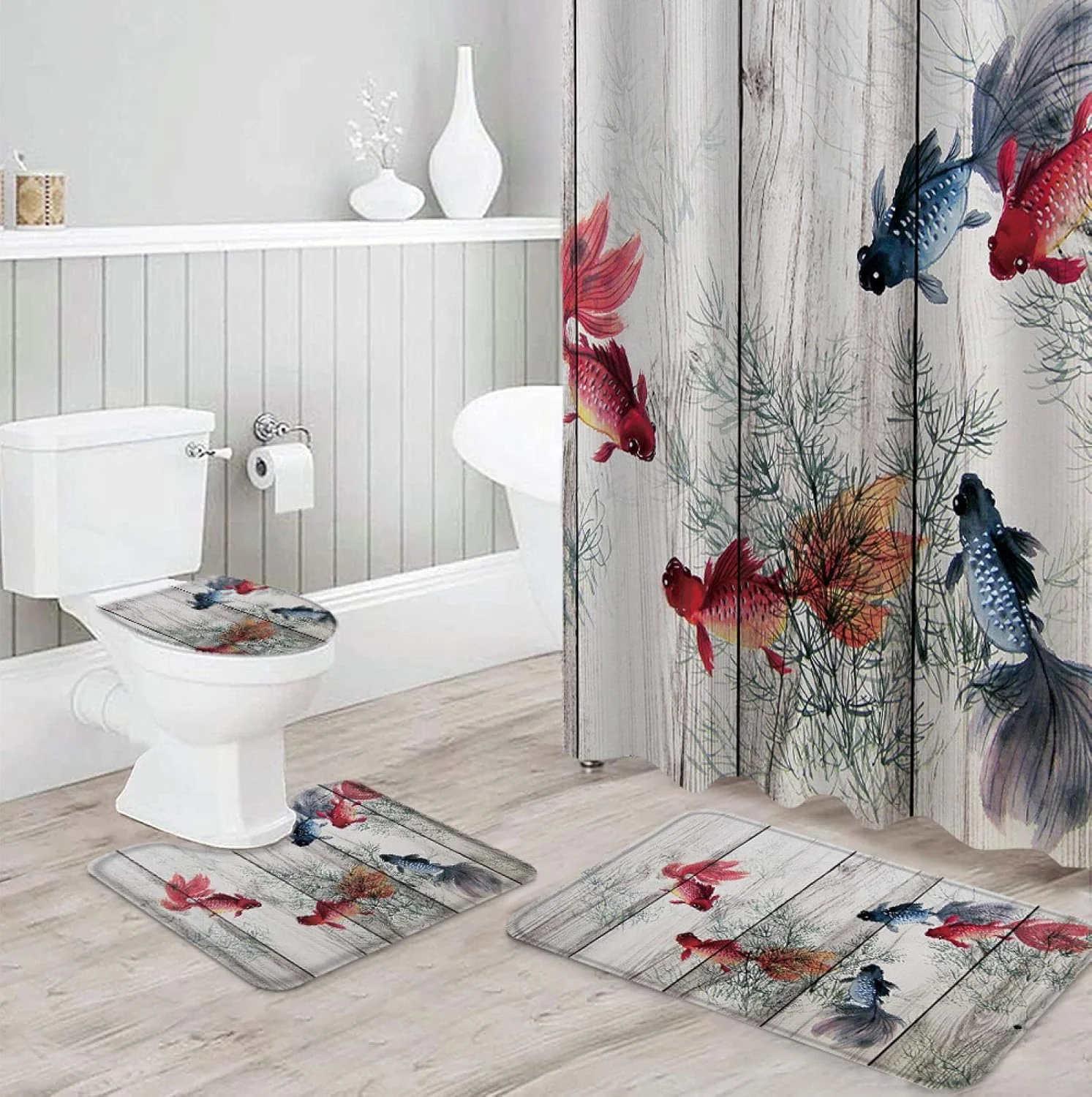 ست لوازم حمام با طرح چوب قدیمی شامل پرده حمام ضد آب، فرش، روکش توالت و پادری