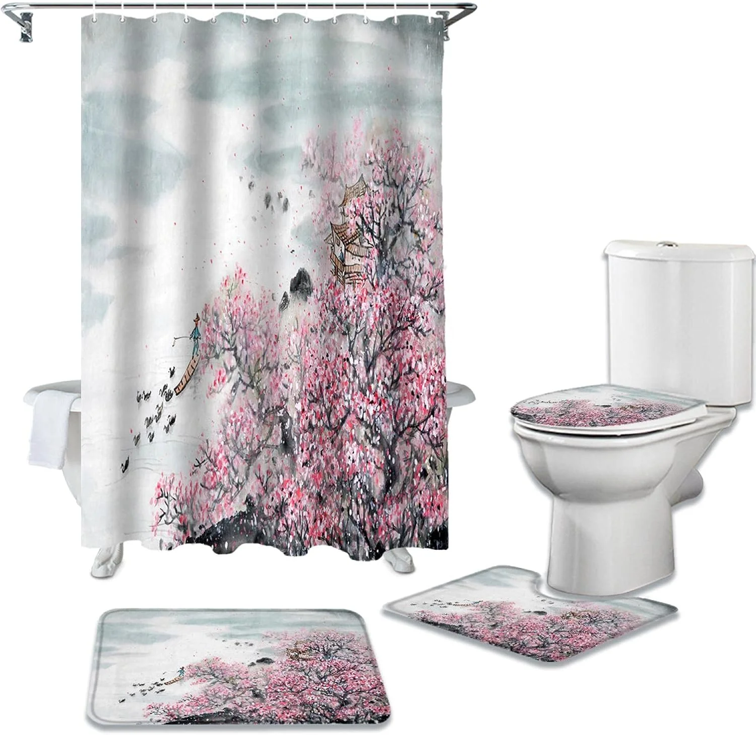 پرده حمام طرح نقاشی گل آلو با جوهر، روکش فرش، روکش توالت، ست پد زیرپایی، دکوراسیون منزل