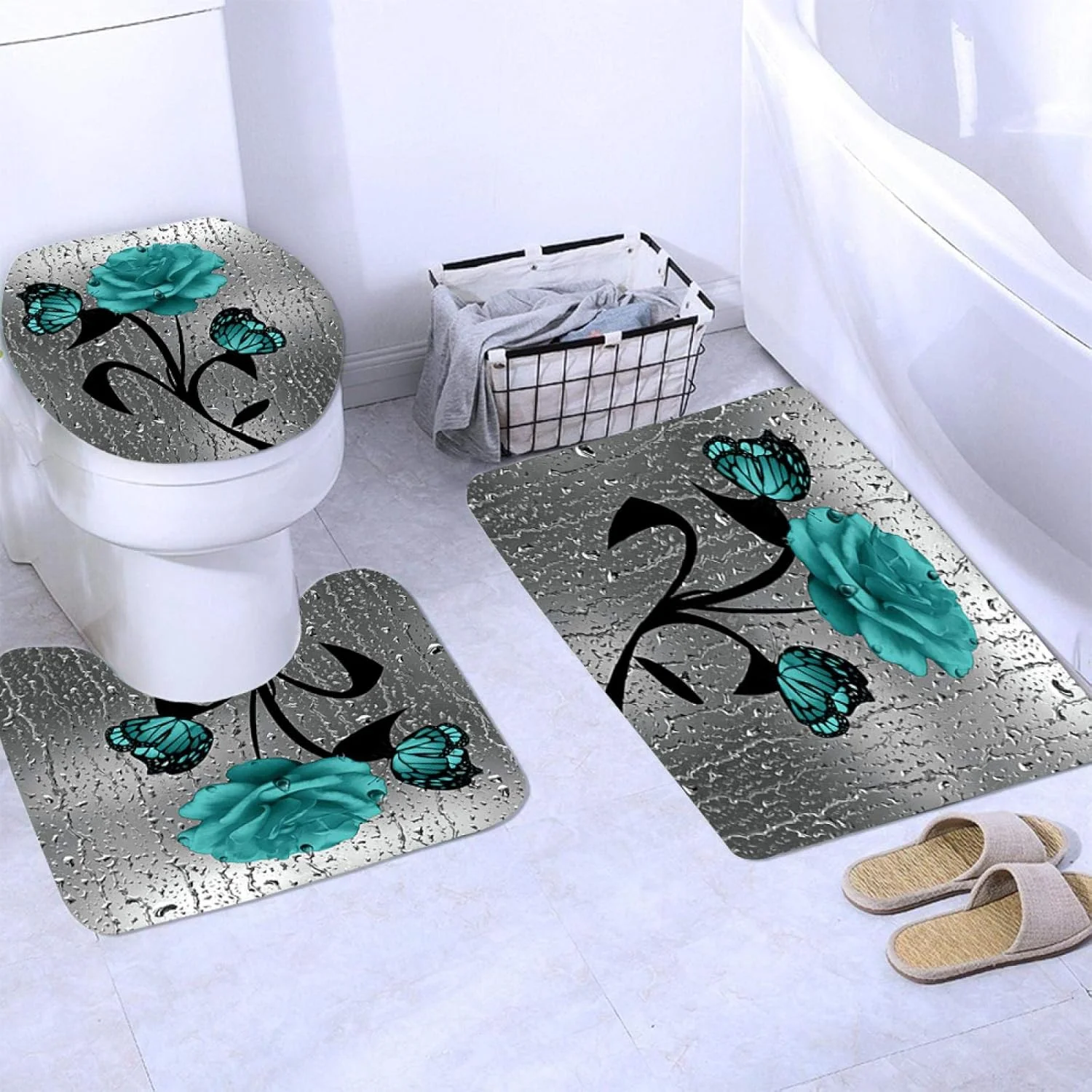 ست حمام طرح پروانه سبز و گل رز شامل پرده حمام، پادری و روکش توالت، فرش تزیینی منزل