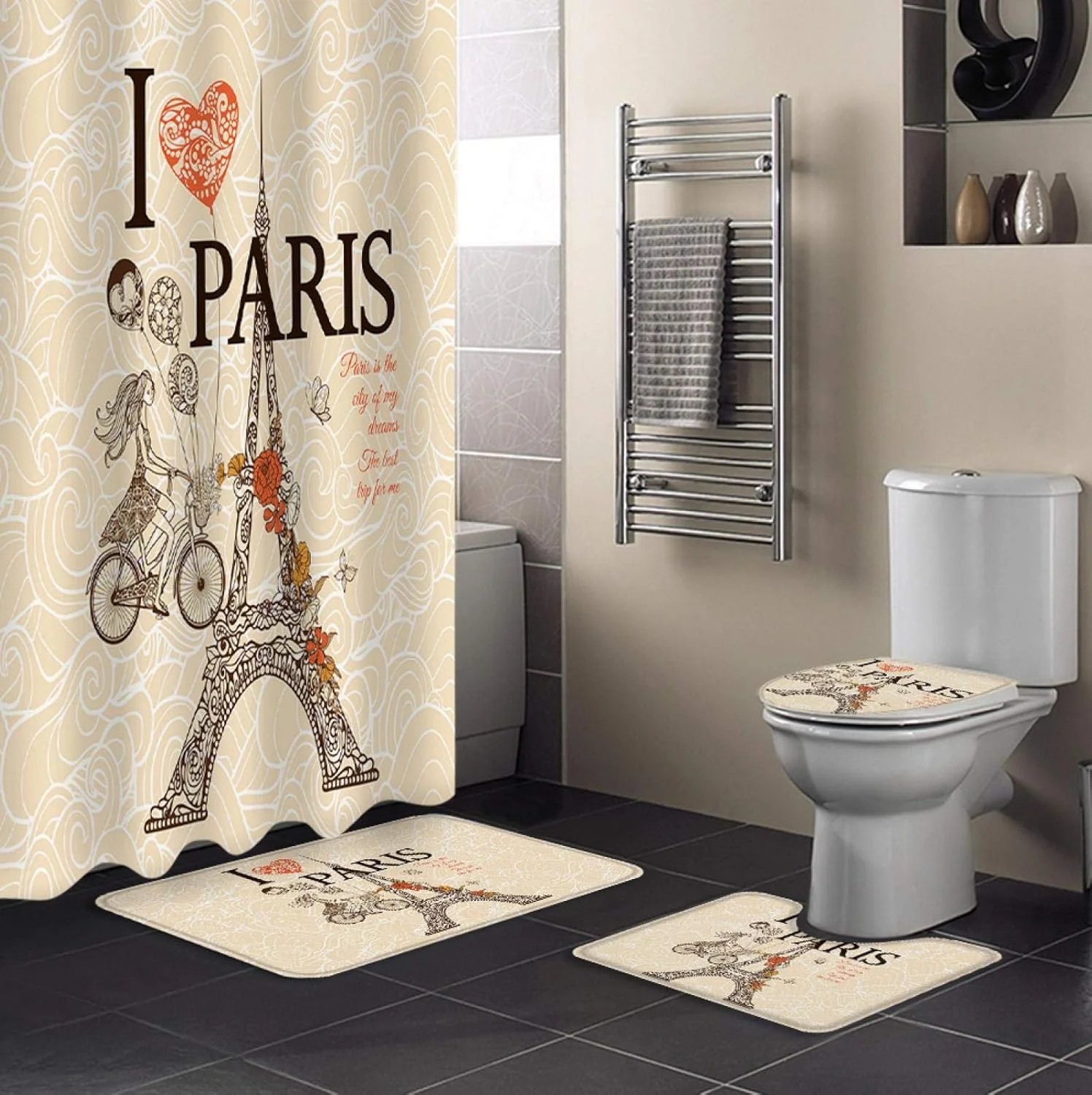 ست پرده حمام ضد آب بادوام با طرح برج ایفل پاریس، فرش، روکش توالت و پادری