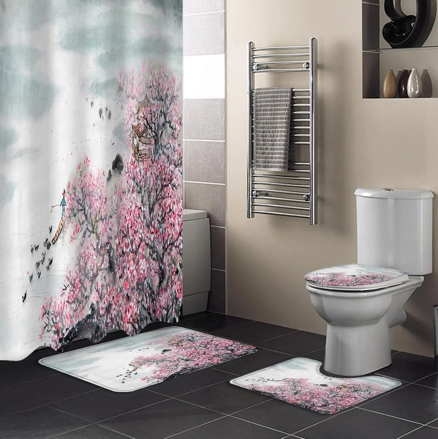 پرده حمام طرح نقاشی گل آلو با جوهر، روکش فرش، روکش توالت، ست پد زیرپایی، دکوراسیون منزل