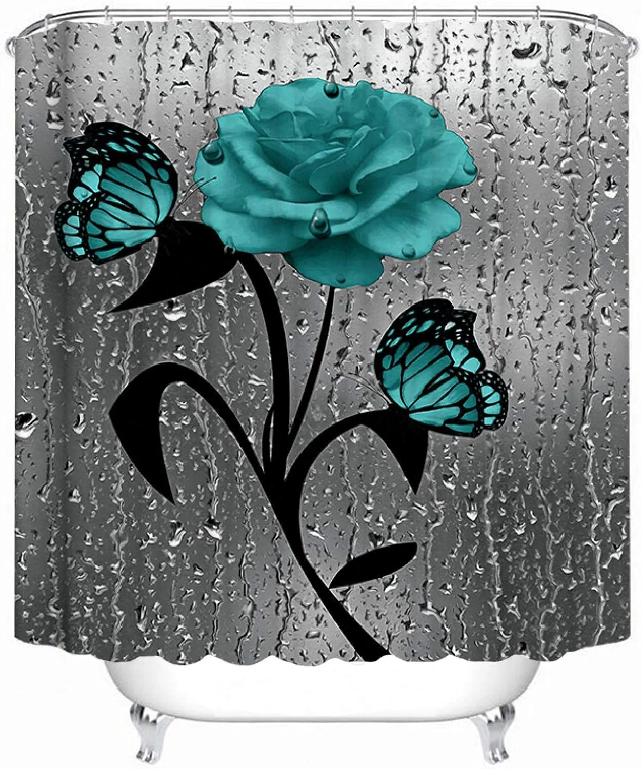 ست حمام طرح پروانه سبز و گل رز شامل پرده حمام، پادری و روکش توالت، فرش تزیینی منزل