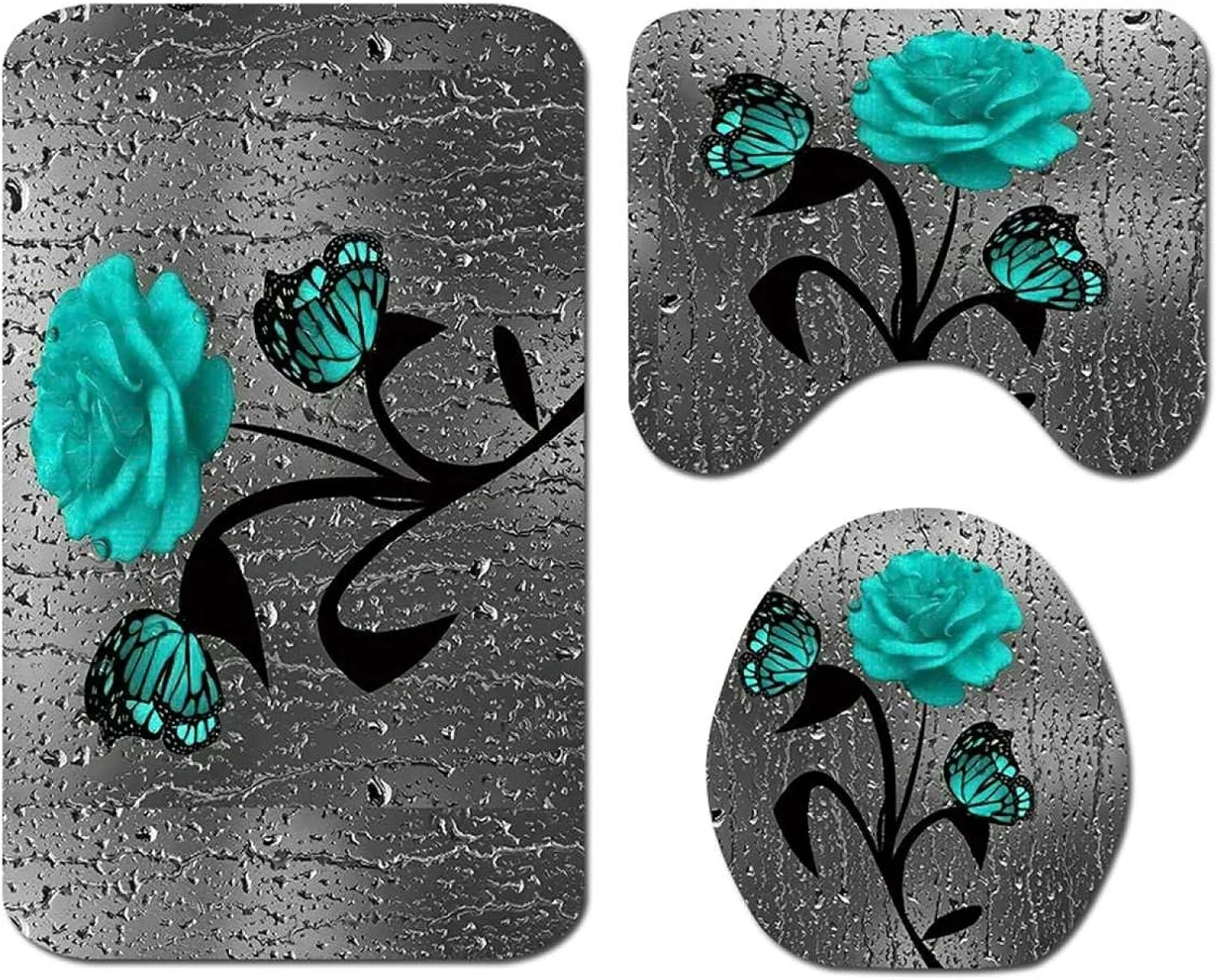 پرده حمام ضد آب با طرح گل و پروانه سبز، روکش فرش حمام، روکش توالت، ست پادری، پرده درب حمام