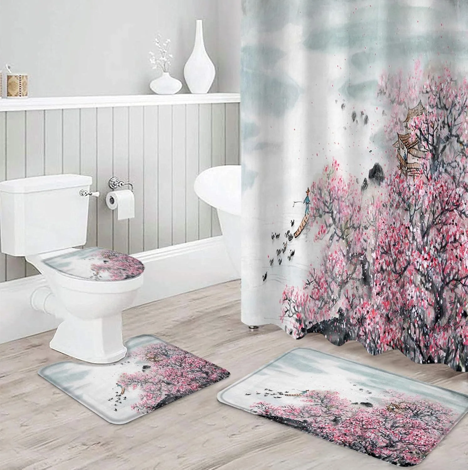 پرده حمام طرح نقاشی گل آلو با جوهر، روکش فرش، روکش توالت، ست پد زیرپایی، دکوراسیون منزل