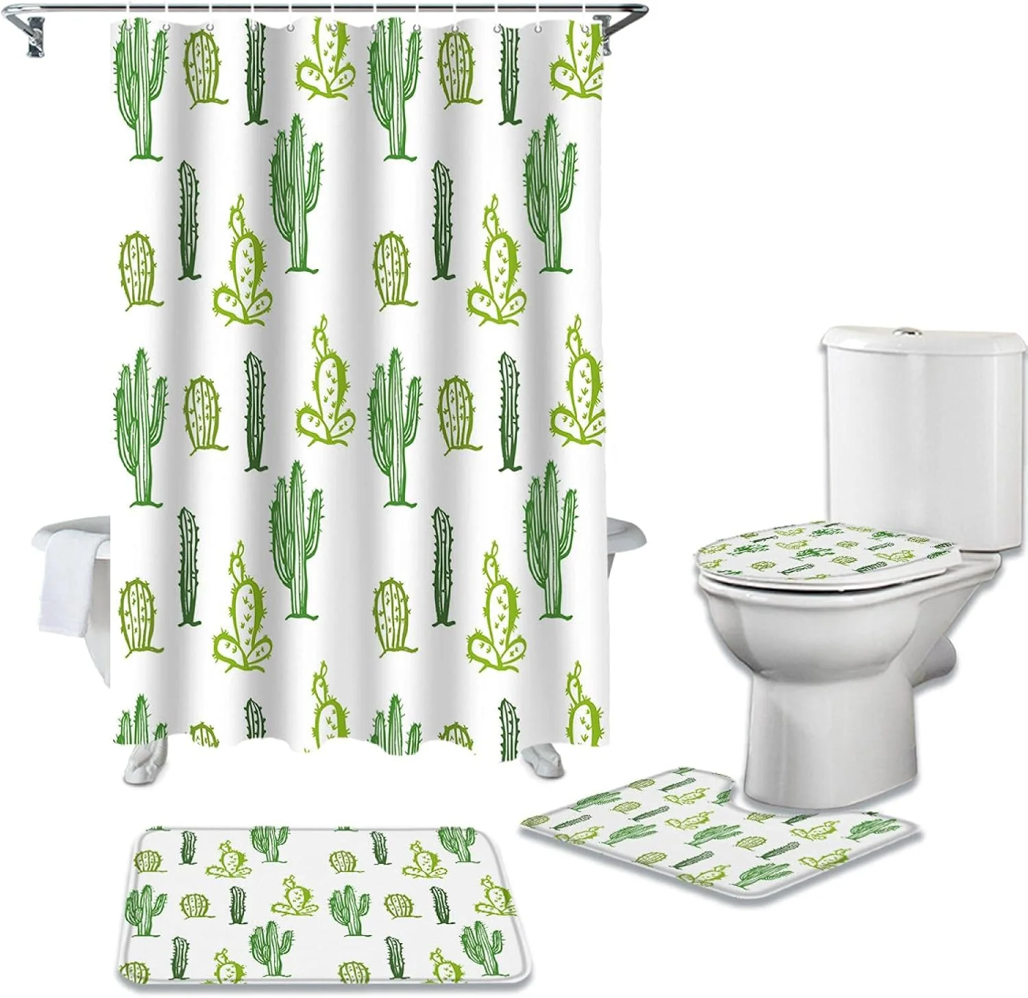 ست پرده حمام طرح کاکتوس بامزه، فرش و پادری برای حمام، روکش درب توالت، دکوراسیون منزل، هدیه