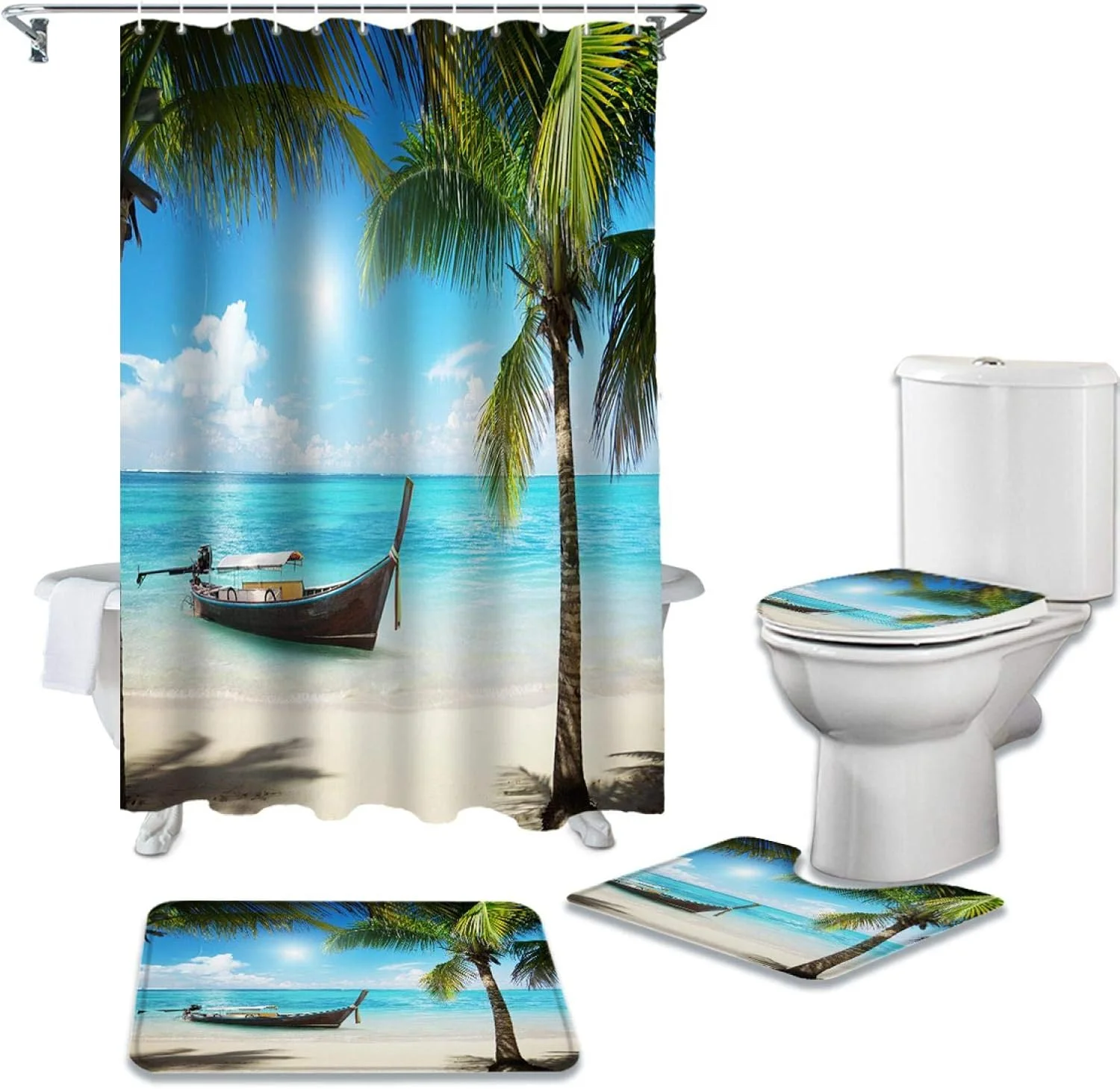 پرده حمام ضد آب با طرح درخت نارگیل ساحلی و قایق به همراه ست فرش دستشویی، روکش صندلی توالت و پادری