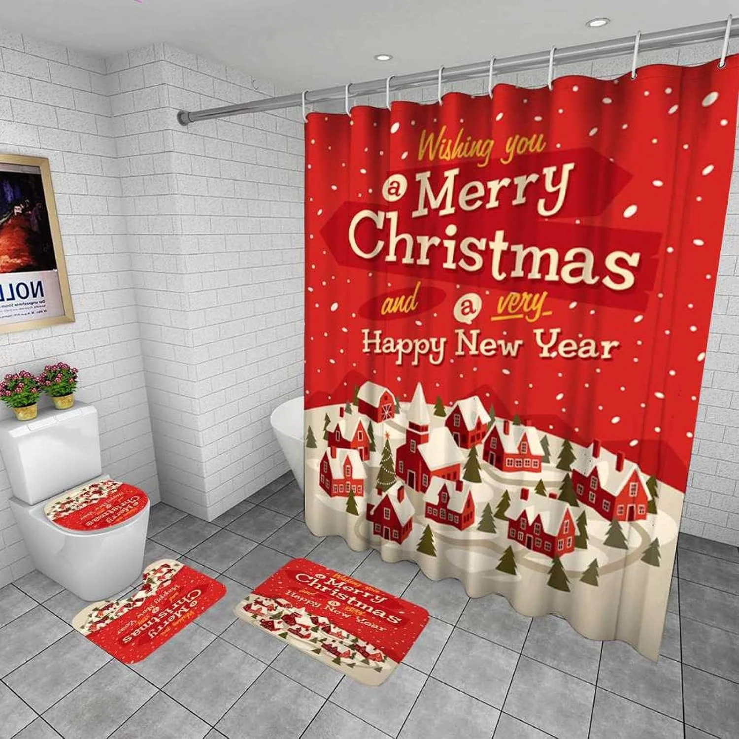 ست پرده حمام کریسمس مبارک جدید BANLV 2020، ست زیرانداز حمام، پرده حمام ضد آب، روکش توالت، فرش ضد لغزش، دکور کریسمس