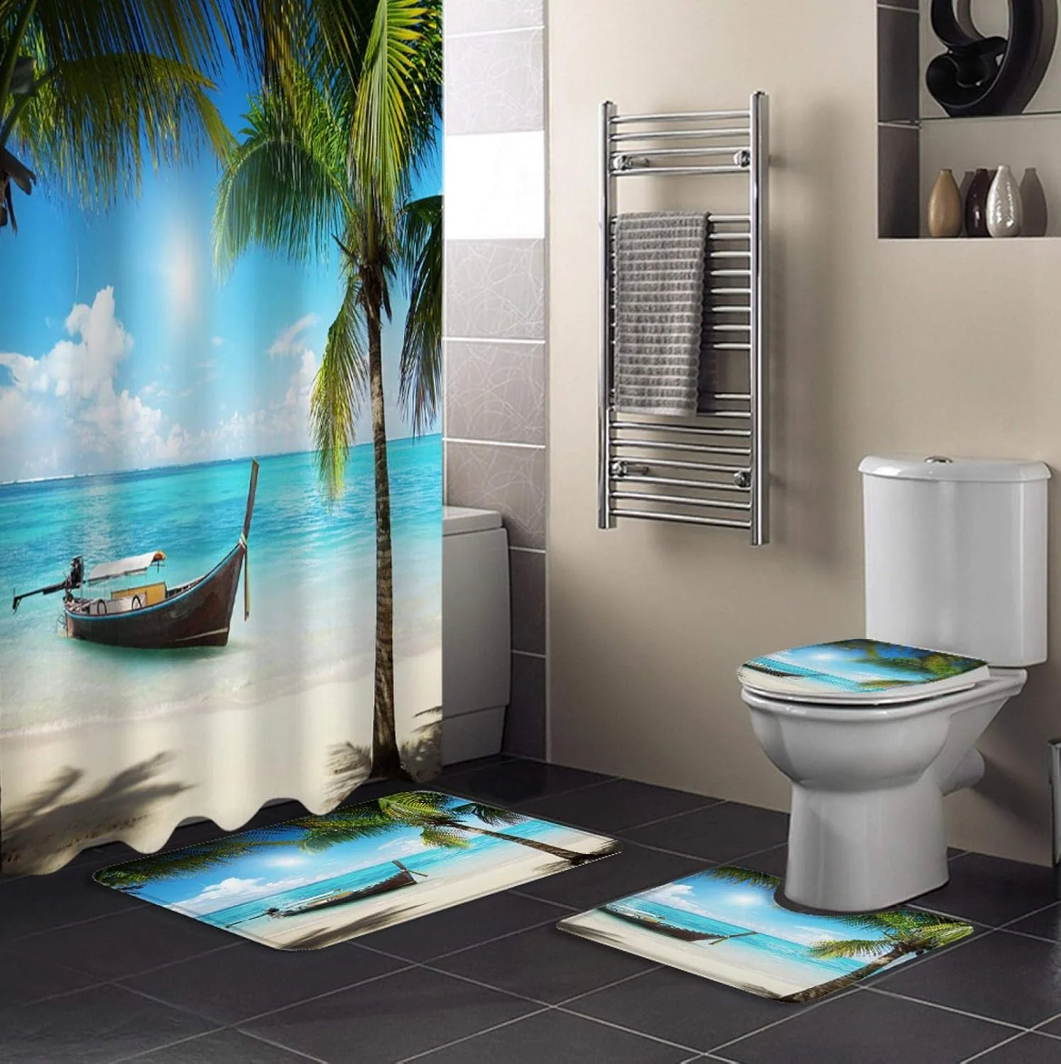 پرده حمام ضد آب با طرح درخت نارگیل ساحلی و قایق به همراه ست فرش دستشویی، روکش صندلی توالت و پادری