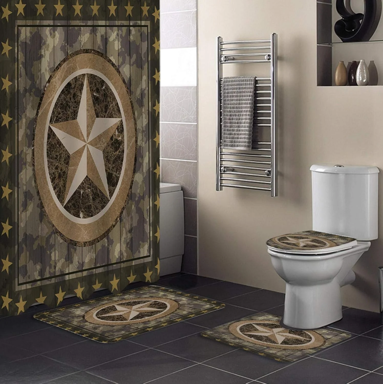 ست پرده حمام ضد آب با طرح استتار یکپارچهسازی با سیستمعامل، فرش حمام، روکش صندلی توالت و پادری