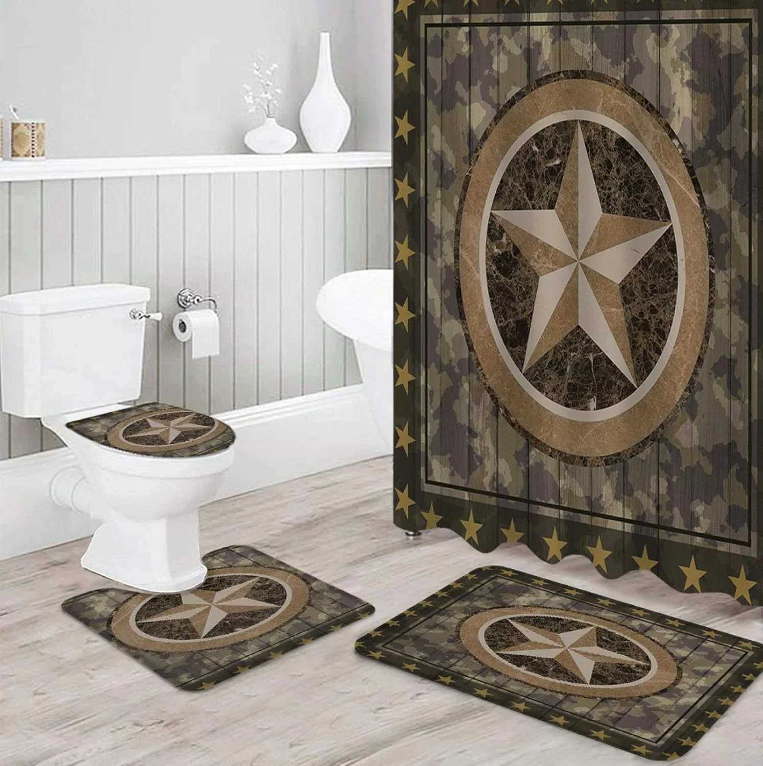 ست پرده حمام ضد آب با طرح استتار یکپارچهسازی با سیستمعامل، فرش حمام، روکش صندلی توالت و پادری