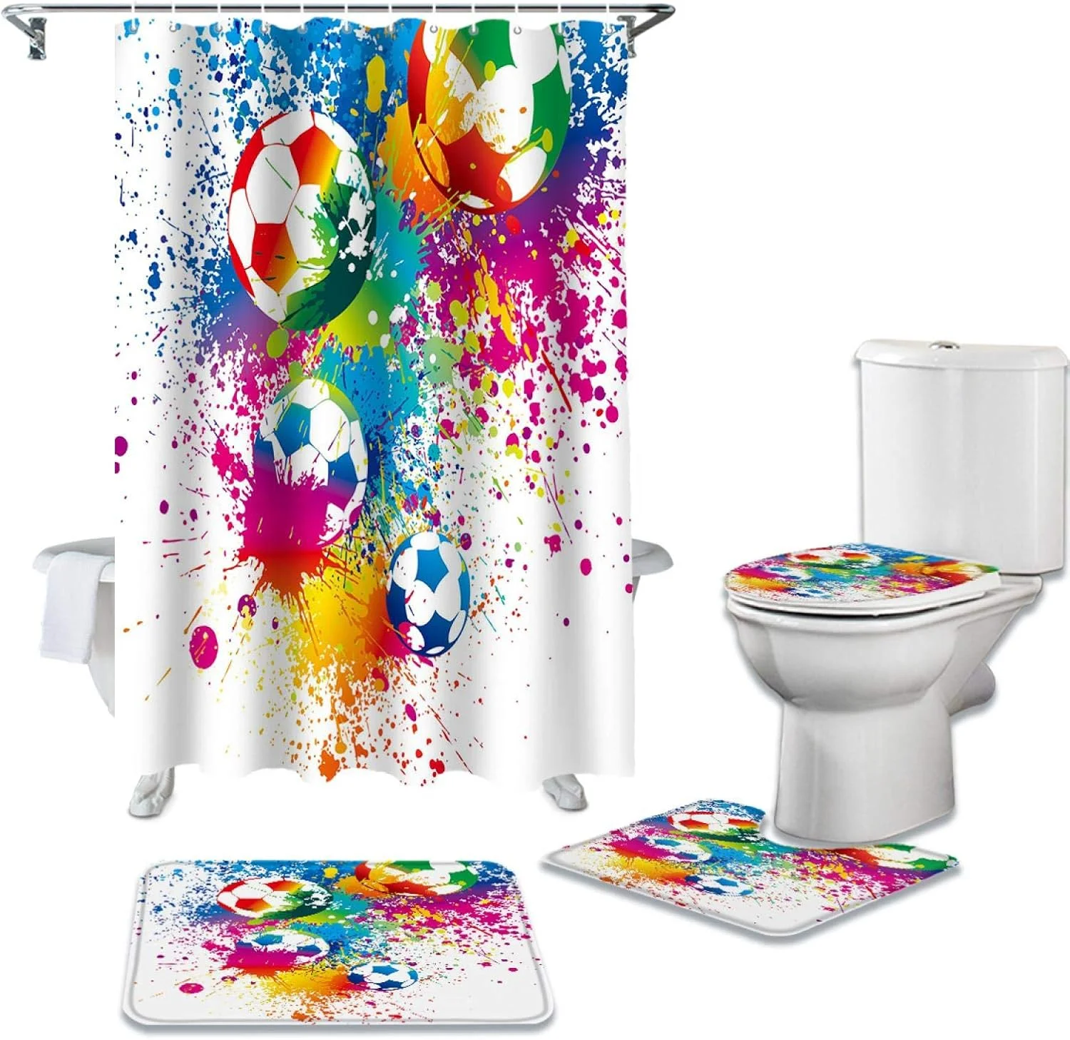 ست پرده حمام ضد آب بادوام با طرح هنر نقاشی فوتبال رنگارنگ BANLV، فرش حمام، روکش صندلی توالت و پادری
