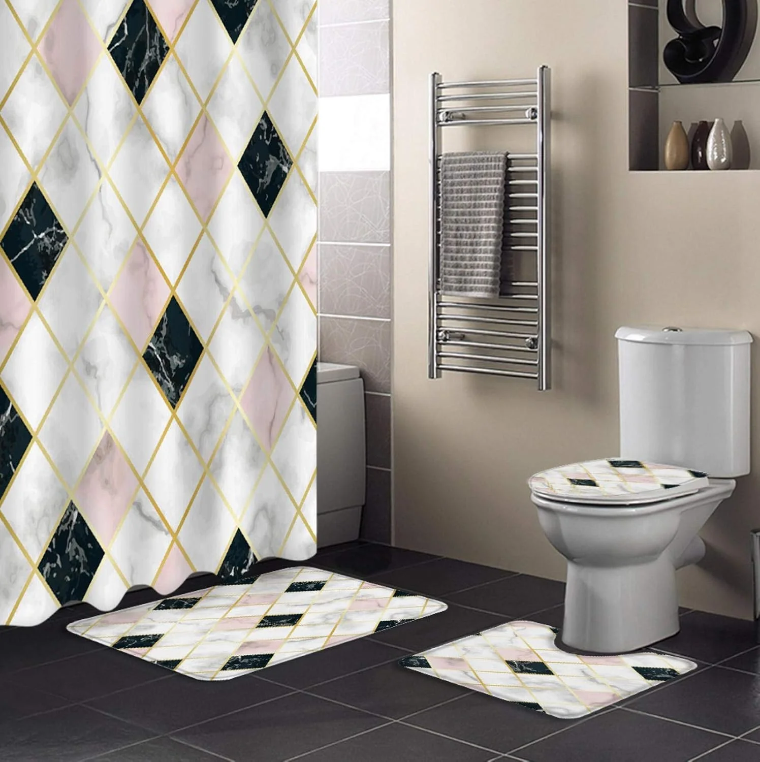 ست پرده حمام ضد آب با طرح سنگ مرمر، فرش حمام، روکش صندلی توالت و زیرپایی ست پرده حمام ضد آب با طرح سنگ مرمر، فرش حمام، روکش صندلی توالت و زیرپایی