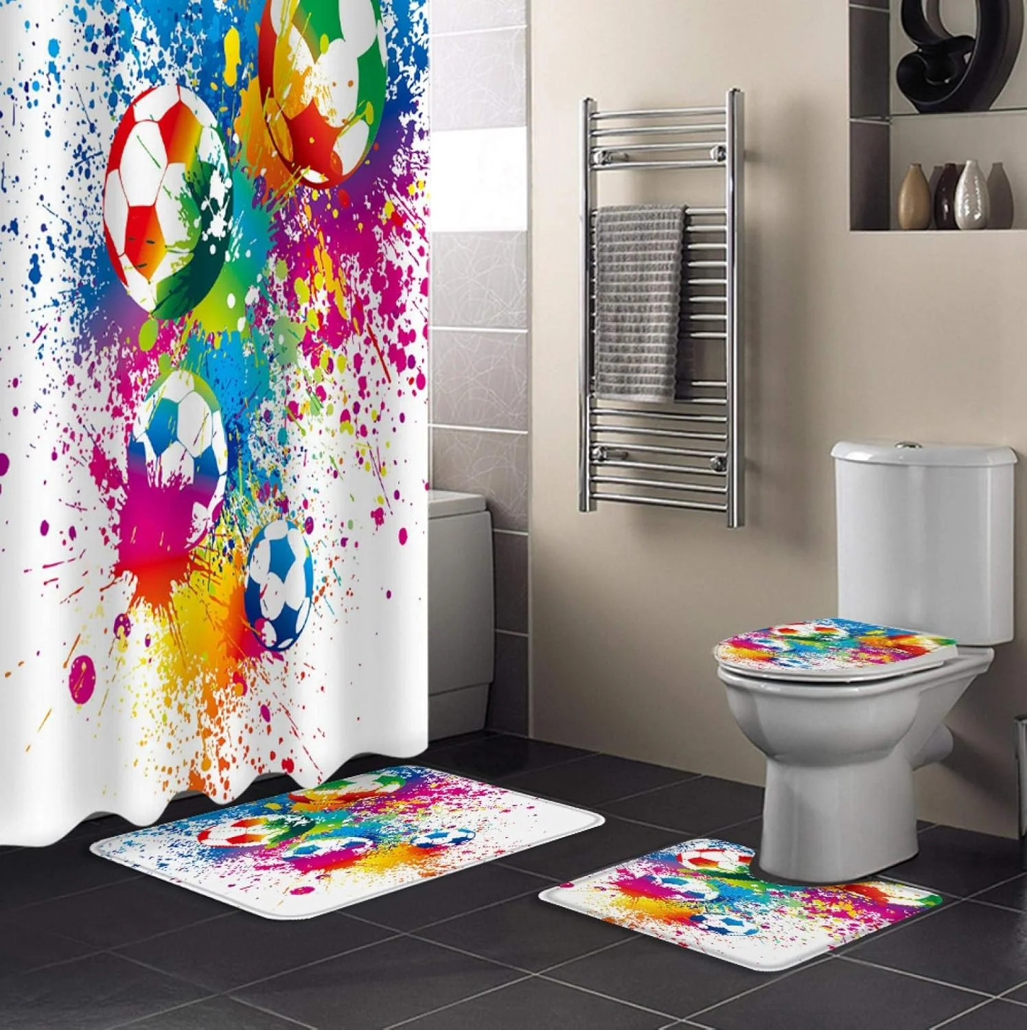 ست پرده حمام ضد آب بادوام با طرح هنر نقاشی فوتبال رنگارنگ BANLV، فرش حمام، روکش صندلی توالت و پادری