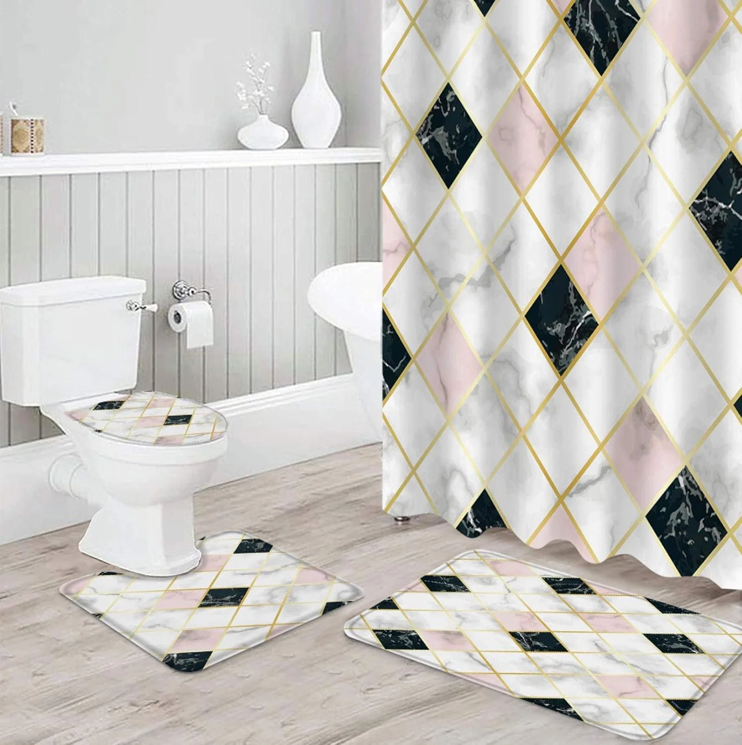 ست پرده حمام ضد آب با طرح سنگ مرمر، فرش حمام، روکش صندلی توالت و زیرپایی ست پرده حمام ضد آب با طرح سنگ مرمر، فرش حمام، روکش صندلی توالت و زیرپایی