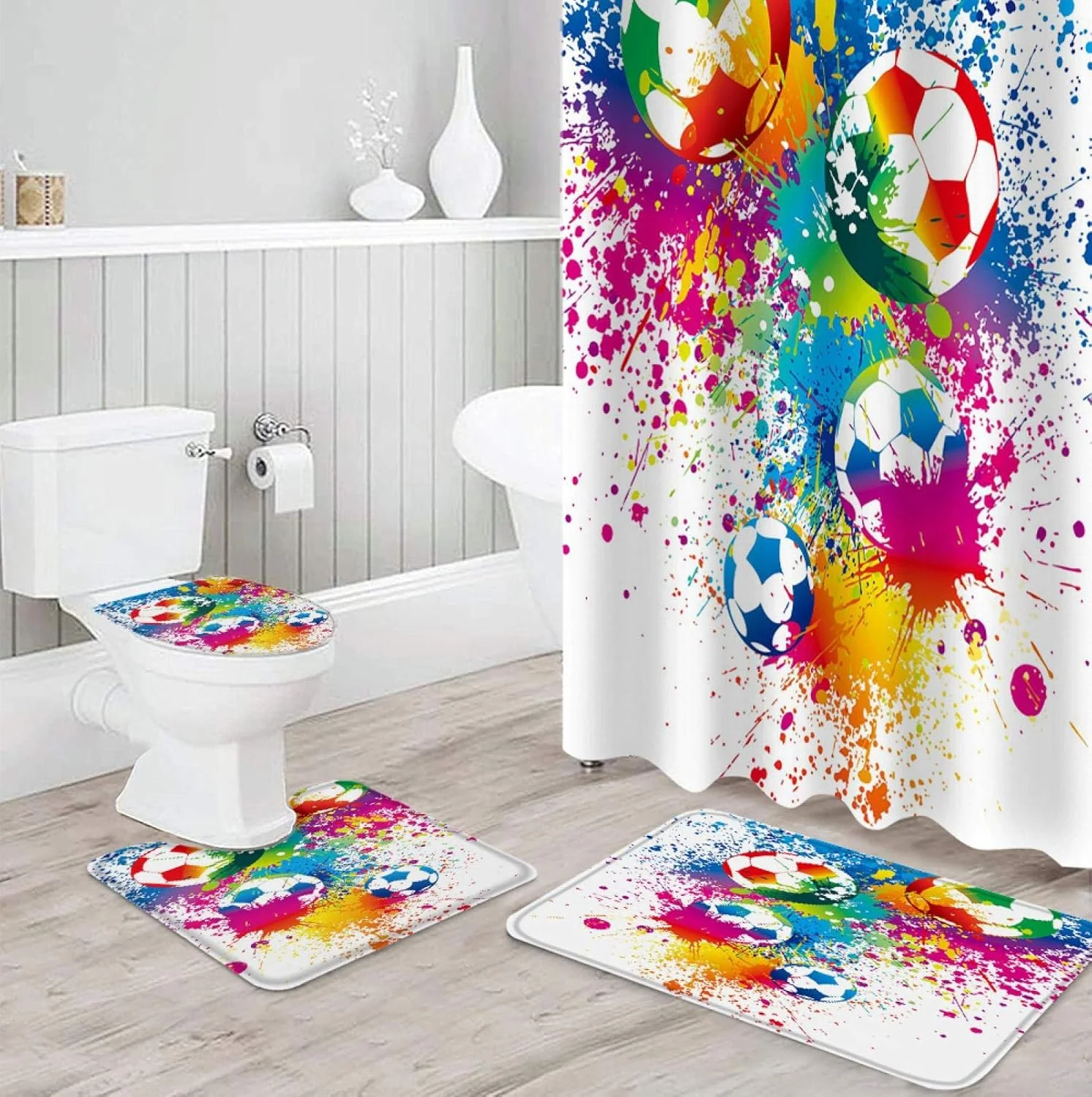 ست پرده حمام ضد آب بادوام با طرح هنر نقاشی فوتبال رنگارنگ BANLV، فرش حمام، روکش صندلی توالت و پادری