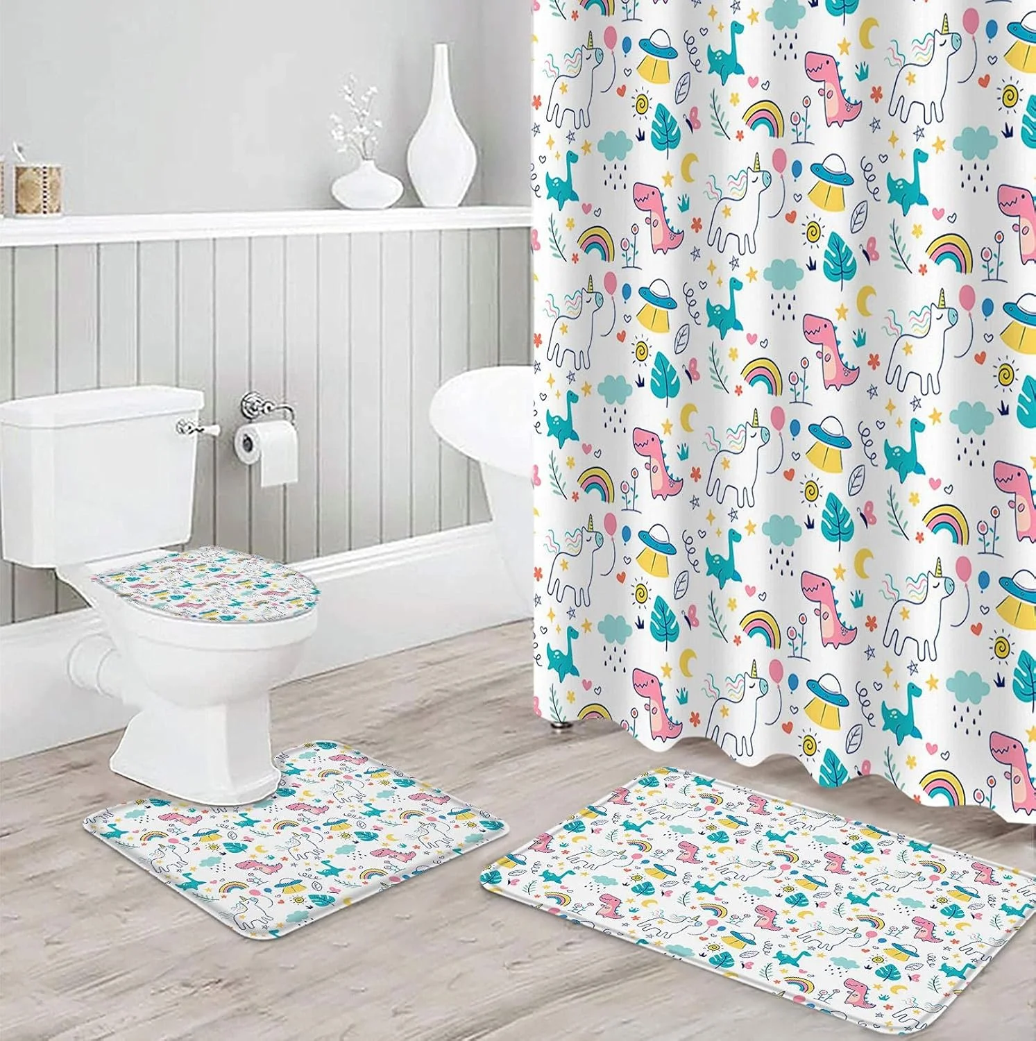 پرده حمام ضد آب طرح دایناسور رنگین کمانی کارتونی به همراه ست فرش، روکش درب توالت و پادری
