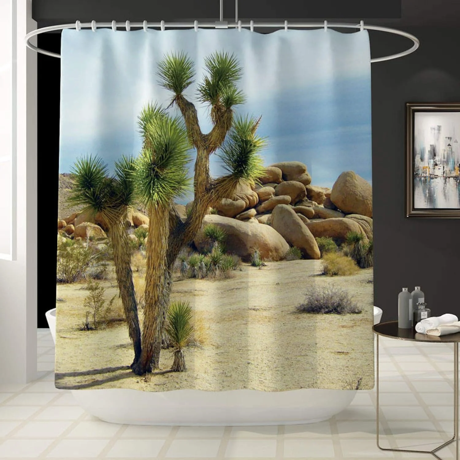 ست پرده حمام، پادری، روکش توالت و زیرانداز حمام طرح درخت کاکتوس صحرایی 4 تکه به همراه قلاب