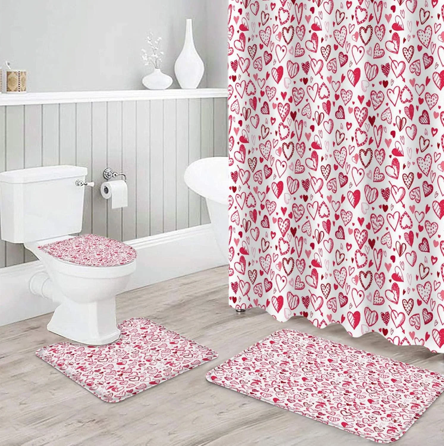 ست پرده حمام ضد آب بادوام طرح قلب صورتی، فرش حمام، روکش صندلی توالت و پادری