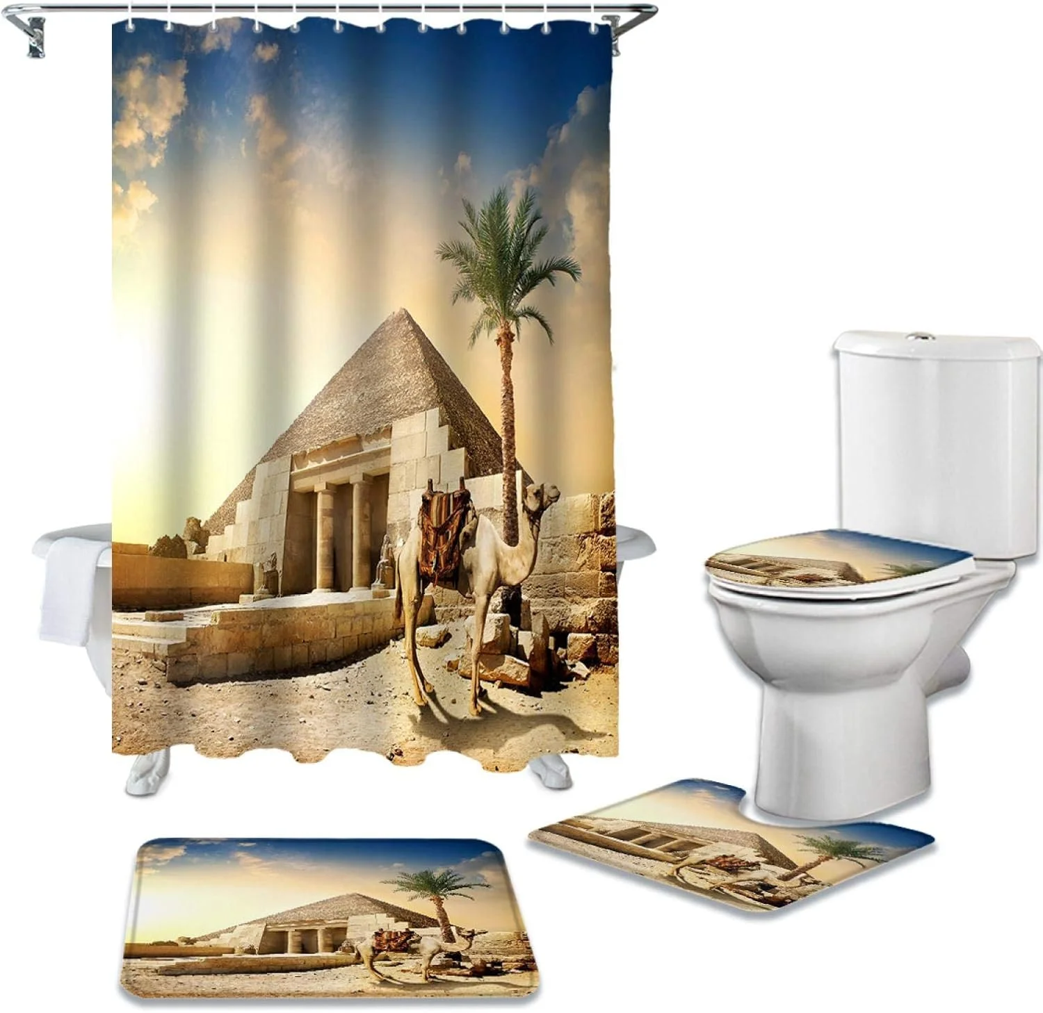 ست پرده حمام ضد آب با طرح غروب صحرای شتری، فرش حمام، فرش توالت و پادری