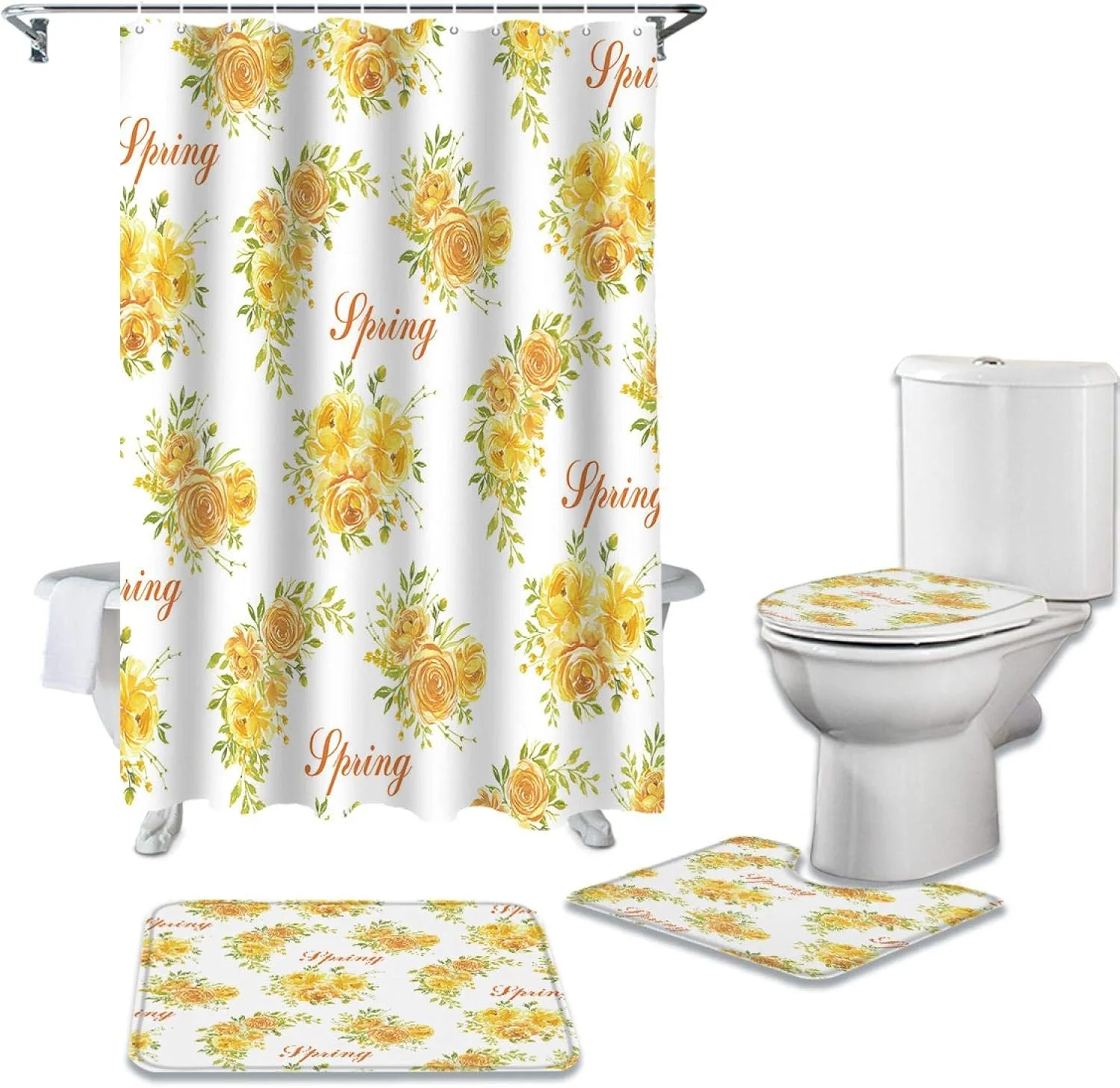 ست پرده حمام ضد آب با طرح شکوفه های گل زرد بهاری، فرش حمام، روکش صندلی توالت و پادری