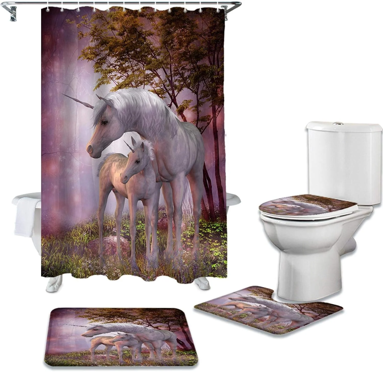 ست پرده حمام ضد آب و بادوام طرح جنگل، فرش حمام، روکش صندلی توالت، زیرانداز
