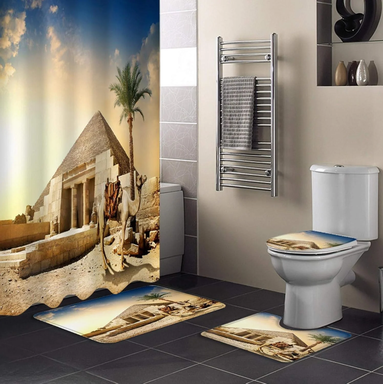 ست پرده حمام ضد آب با طرح غروب صحرای شتری، فرش حمام، فرش توالت و پادری