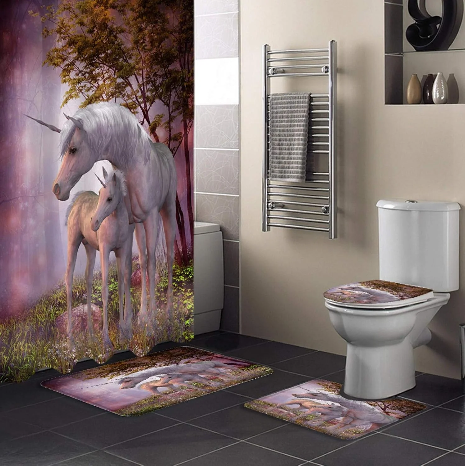 ست پرده حمام ضد آب و بادوام طرح جنگل، فرش حمام، روکش صندلی توالت، زیرانداز