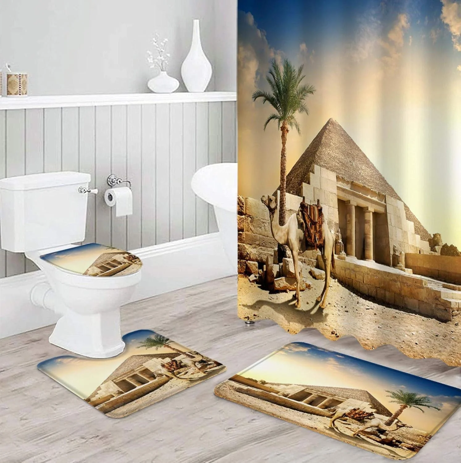 ست پرده حمام ضد آب با طرح غروب صحرای شتری، فرش حمام، فرش توالت و پادری