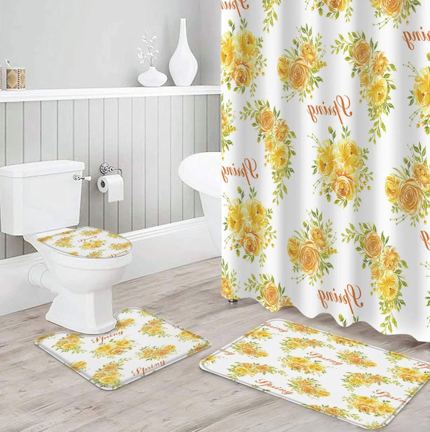 ست پرده حمام ضد آب با طرح شکوفه های گل زرد بهاری، فرش حمام، روکش صندلی توالت و پادری