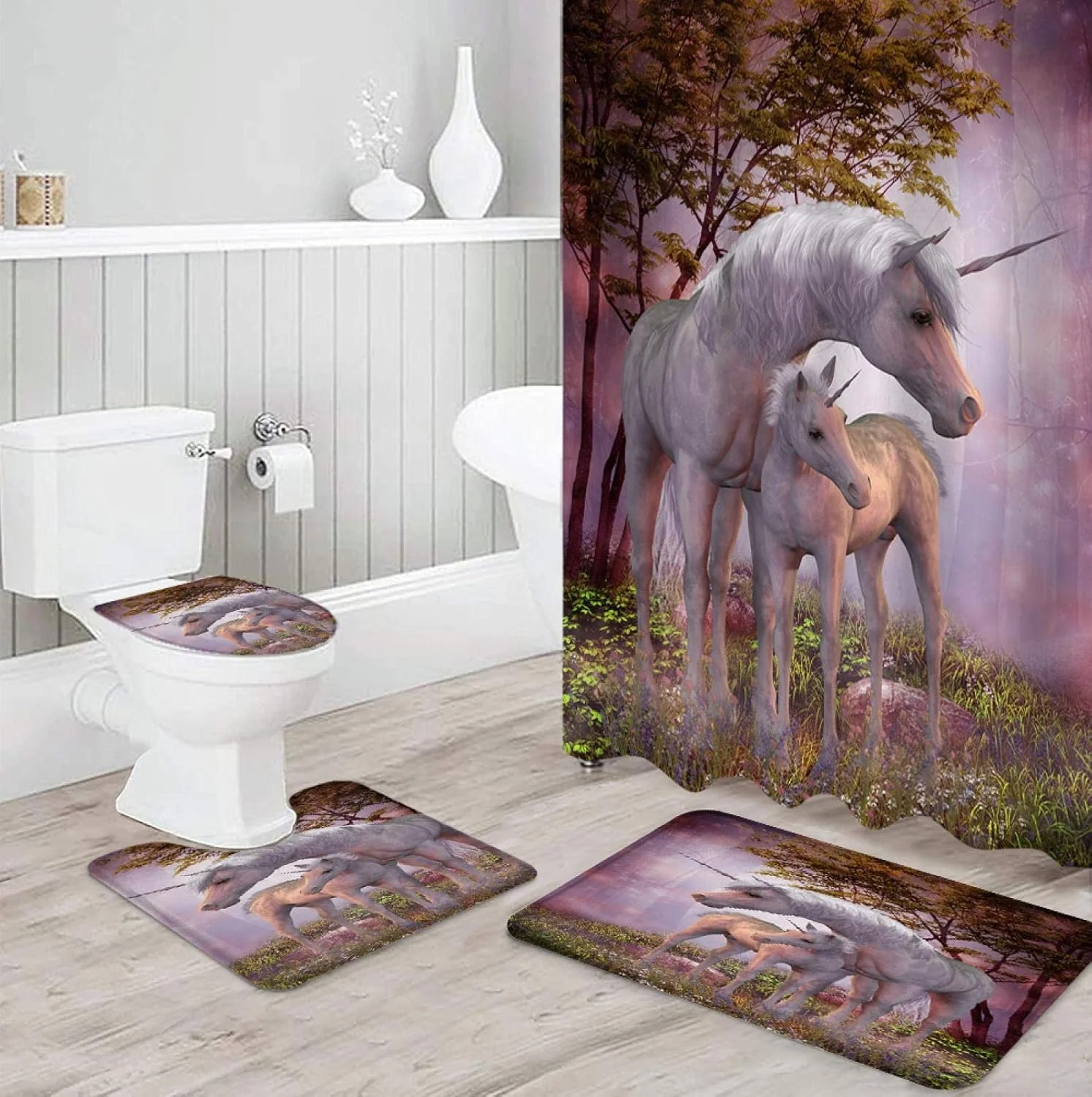 ست پرده حمام ضد آب و بادوام طرح جنگل، فرش حمام، روکش صندلی توالت، زیرانداز