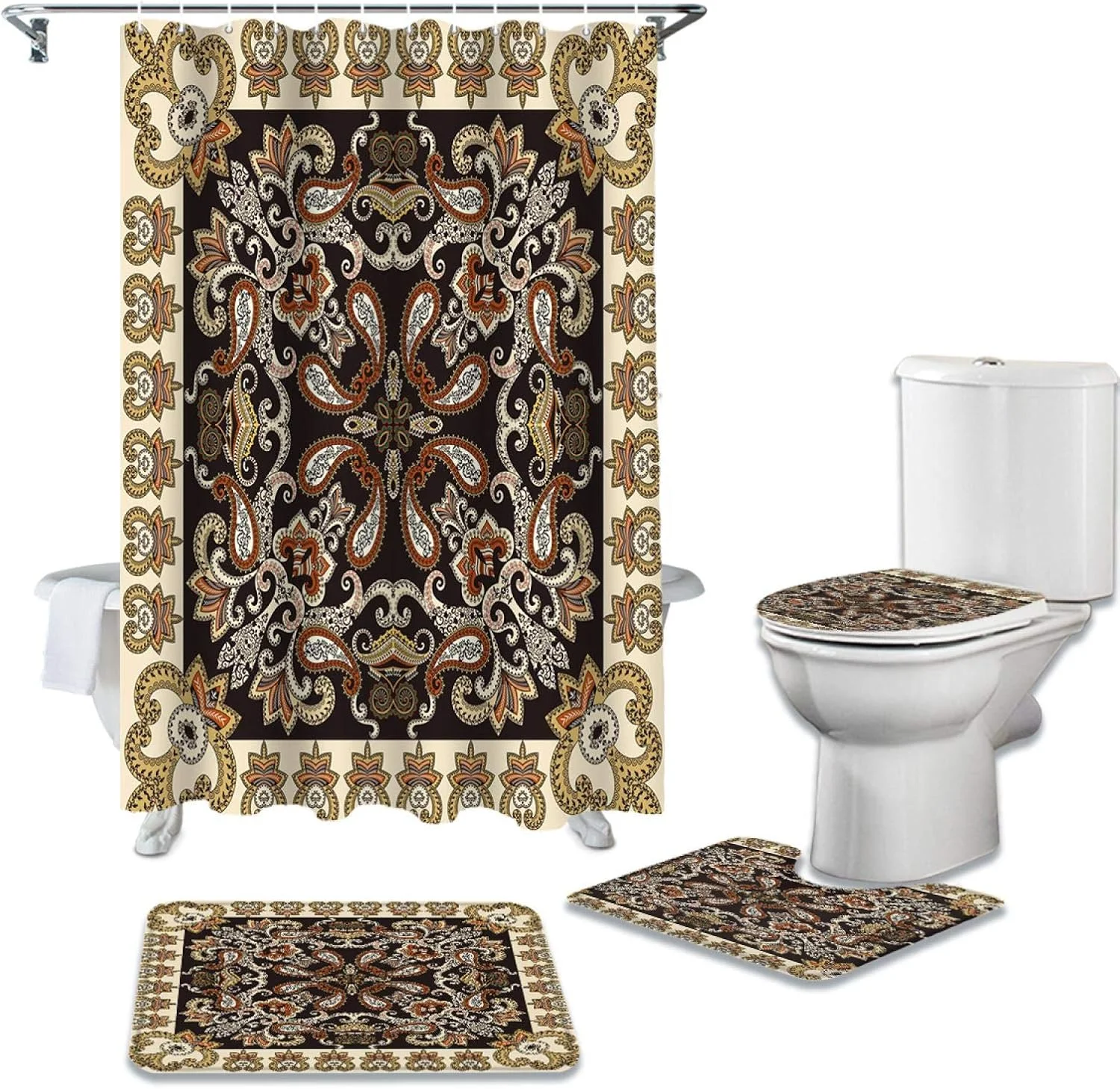 ست پرده حمام ضد آب بادوام به سبک قدیمی، فرش حمام، روکش صندلی توالت، پادری