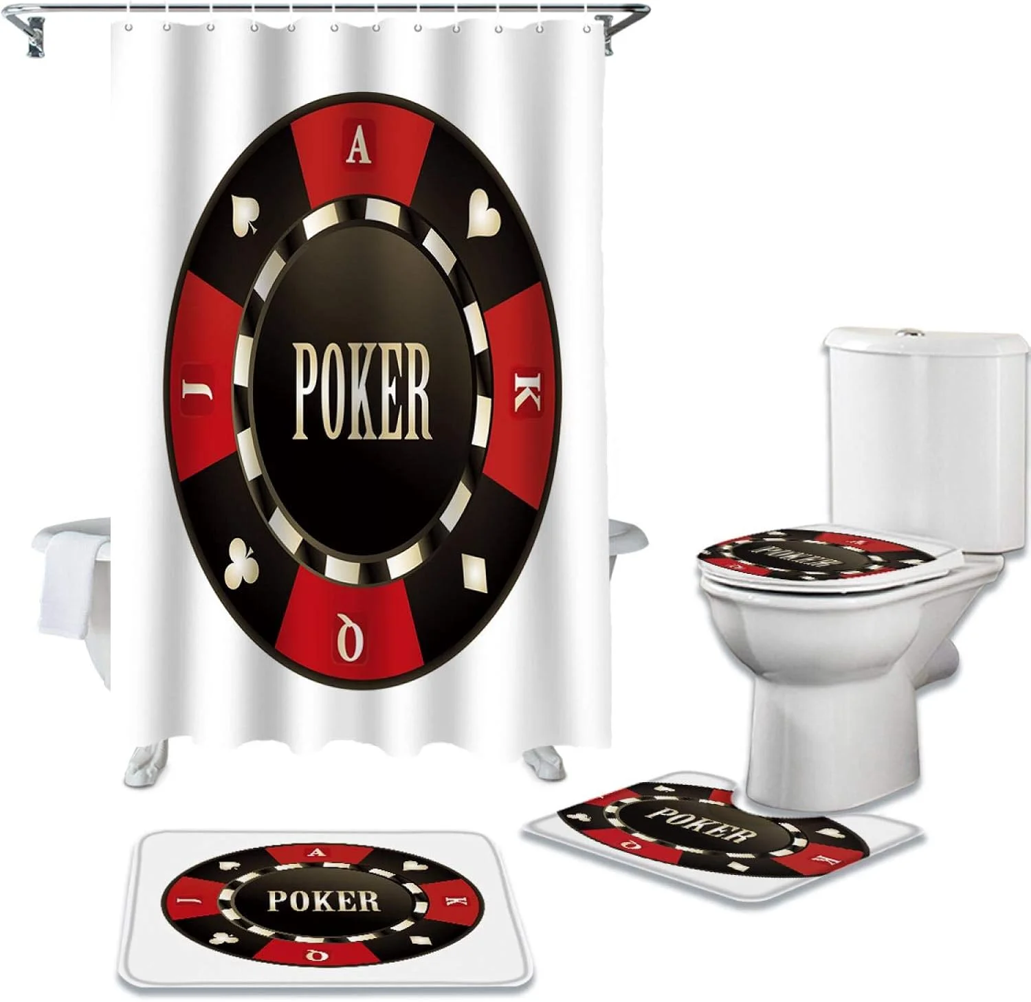 پرده حمام ضد آب با طرح قلب هلو و چیپ پوکر به همراه ست فرش دستشویی، روکش صندلی توالت و پادری